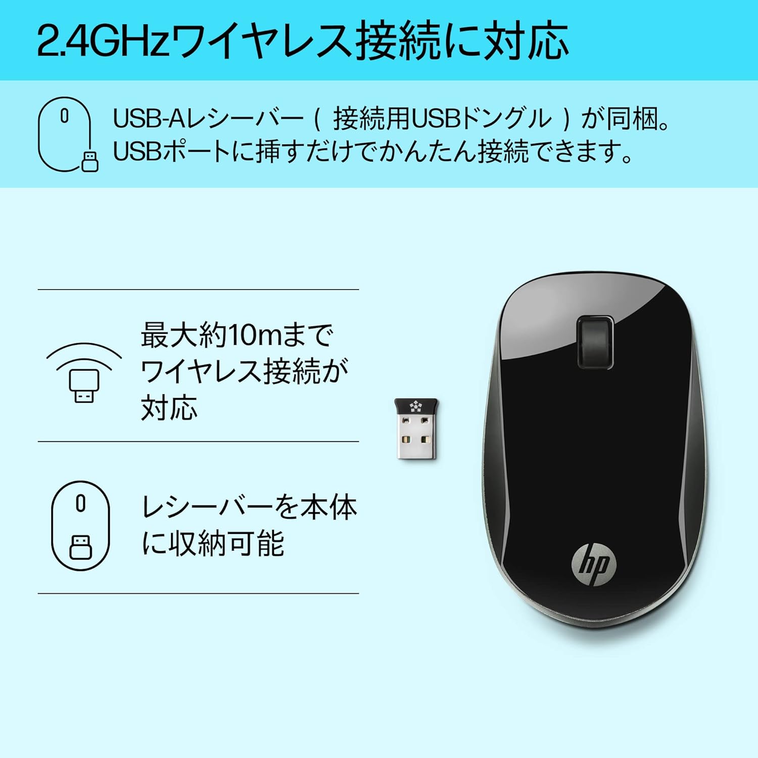 HP Z4000 mouse and its USB receiver, illustrating 2.4GHz wireless connection.