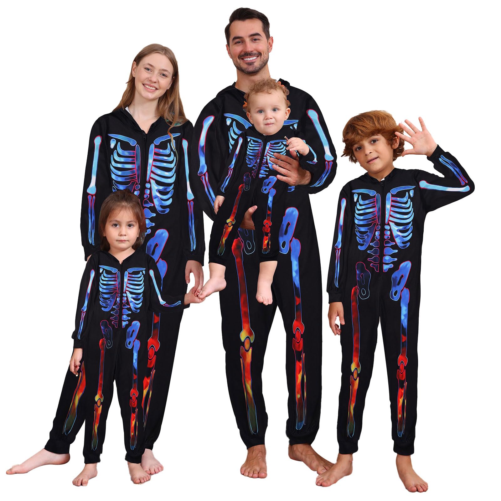 Patgoal Halloween Skeleton Costumes Matching Family One Piece Hooded Jumpsuit Bodysuit for Men Women Kids Couples Adult