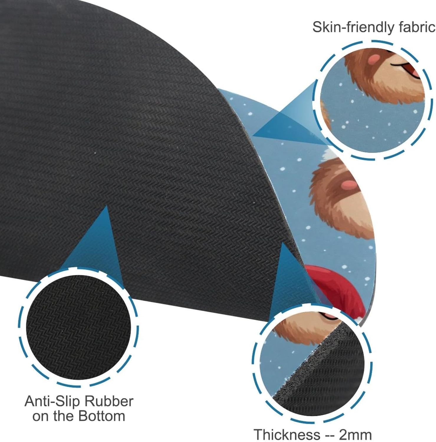 Round Mouse Pad for Women Men, 10’’ Round Desk Pad Mousepad Non-Slip Rubber Base, Office Home Laptop Accessories, Cute Seamless Sloth in Santa's Hat image 2
