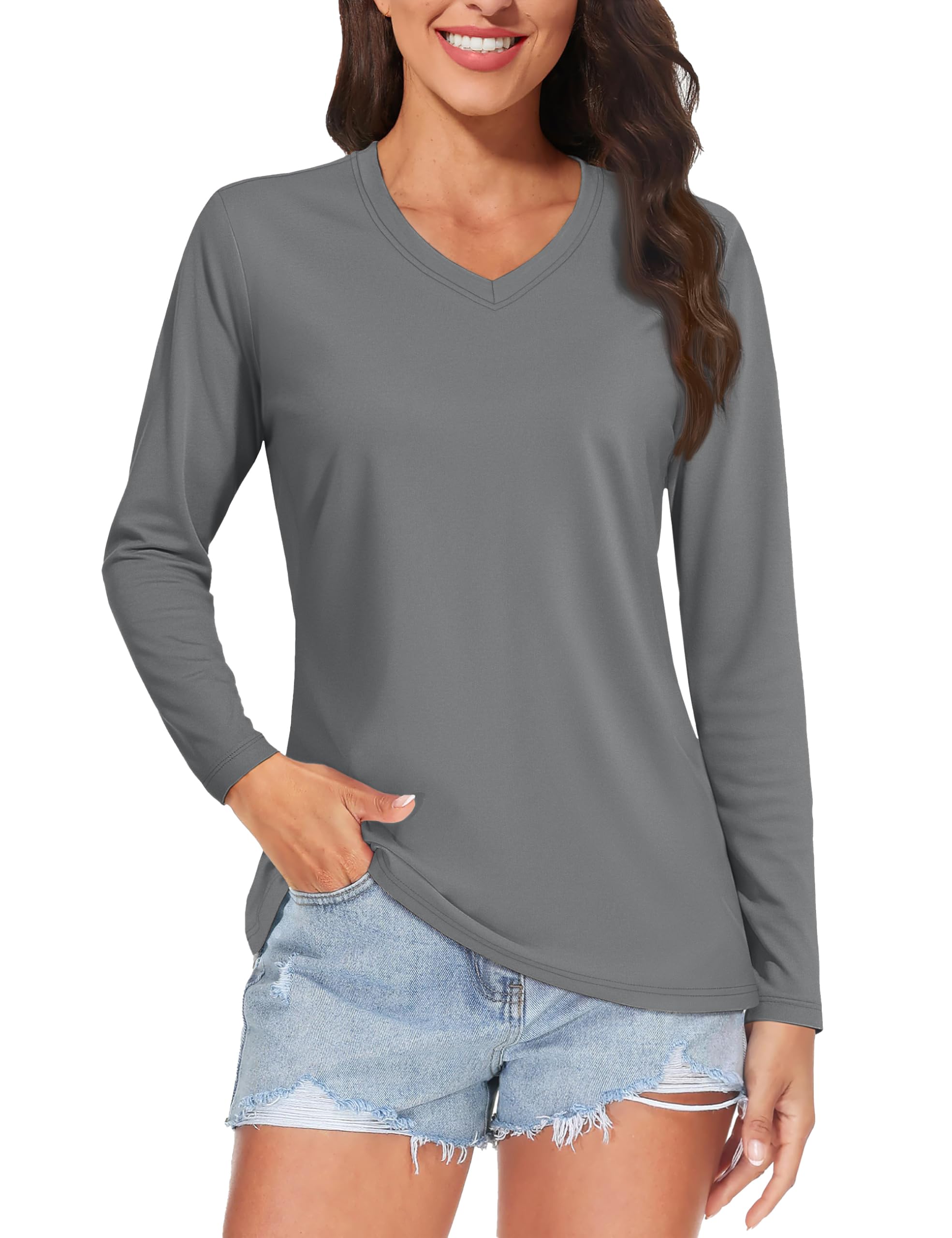 TACVASEN Women's Long Sleeve Athletic Shirt V Neck Lightweight Dry Fit UPF 50+ Sun Protection Workout Tops Dark Gray L