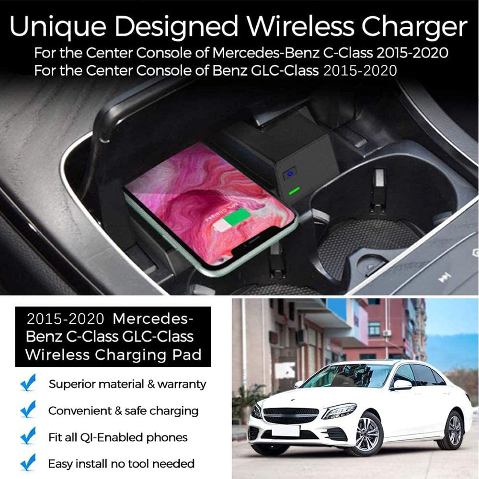 Cargador de Coche inalámbrico para C/Class W205 C180 C200/300 C260 AMG GLC 2015-2020 con Puerto USB QC3.0 Teléfono móvil de 15 W Almohadilla de Carga rápida Panel de Accesorios de Consola para