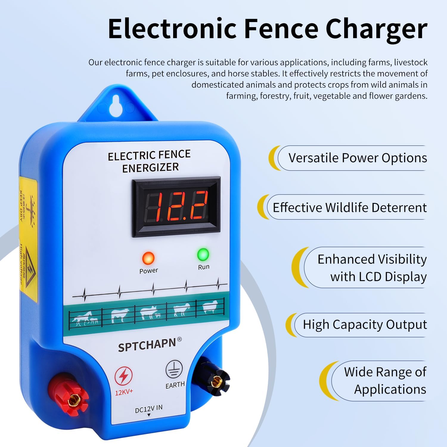 Kit énergisant de clôture électrique 12 AC - Contient 2 joules de sortie de clôture énergisant, prise et tige de terre - Portée de 10 km - Écran LED - Résistant aux intempéries - Pour chevaux, animaux