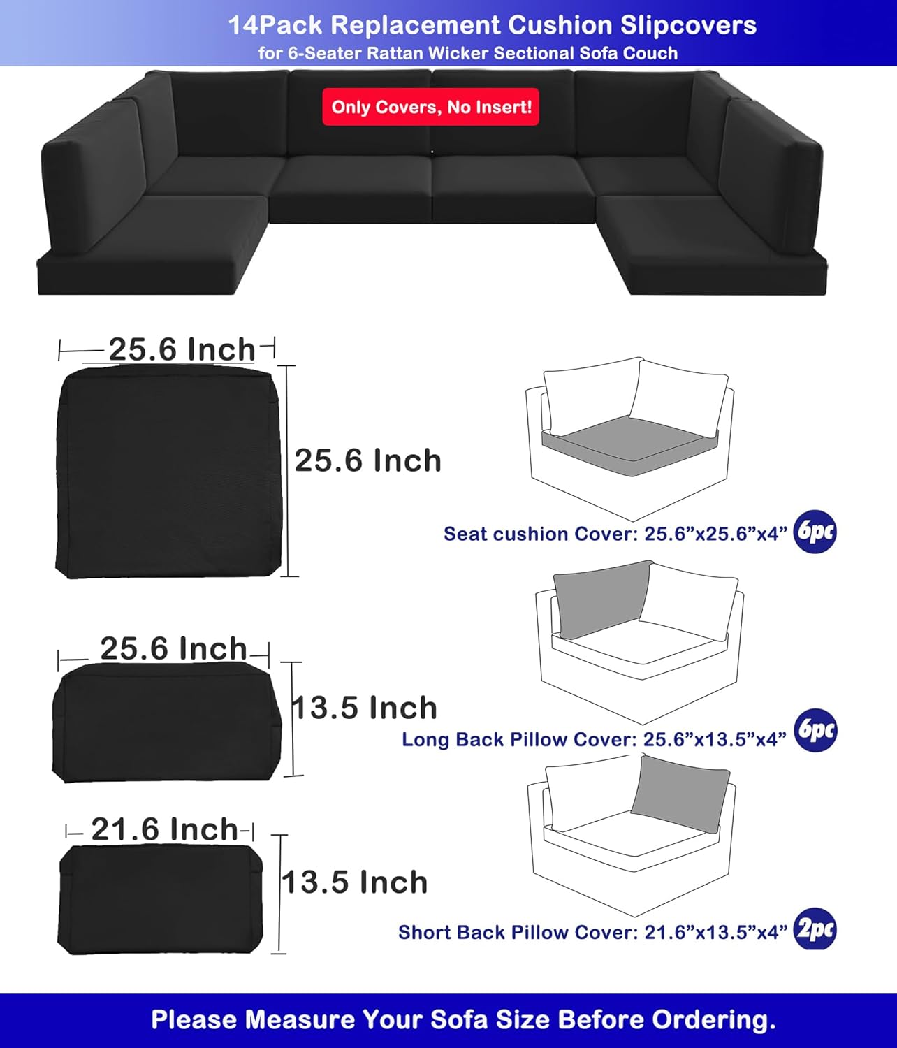Sigmat 14 Pack Outdoor Cushion Covers for 6-Seater Rattan Wicker Sectional Sofa Fade-Resist Replacement Cushion Slipcovers Navy