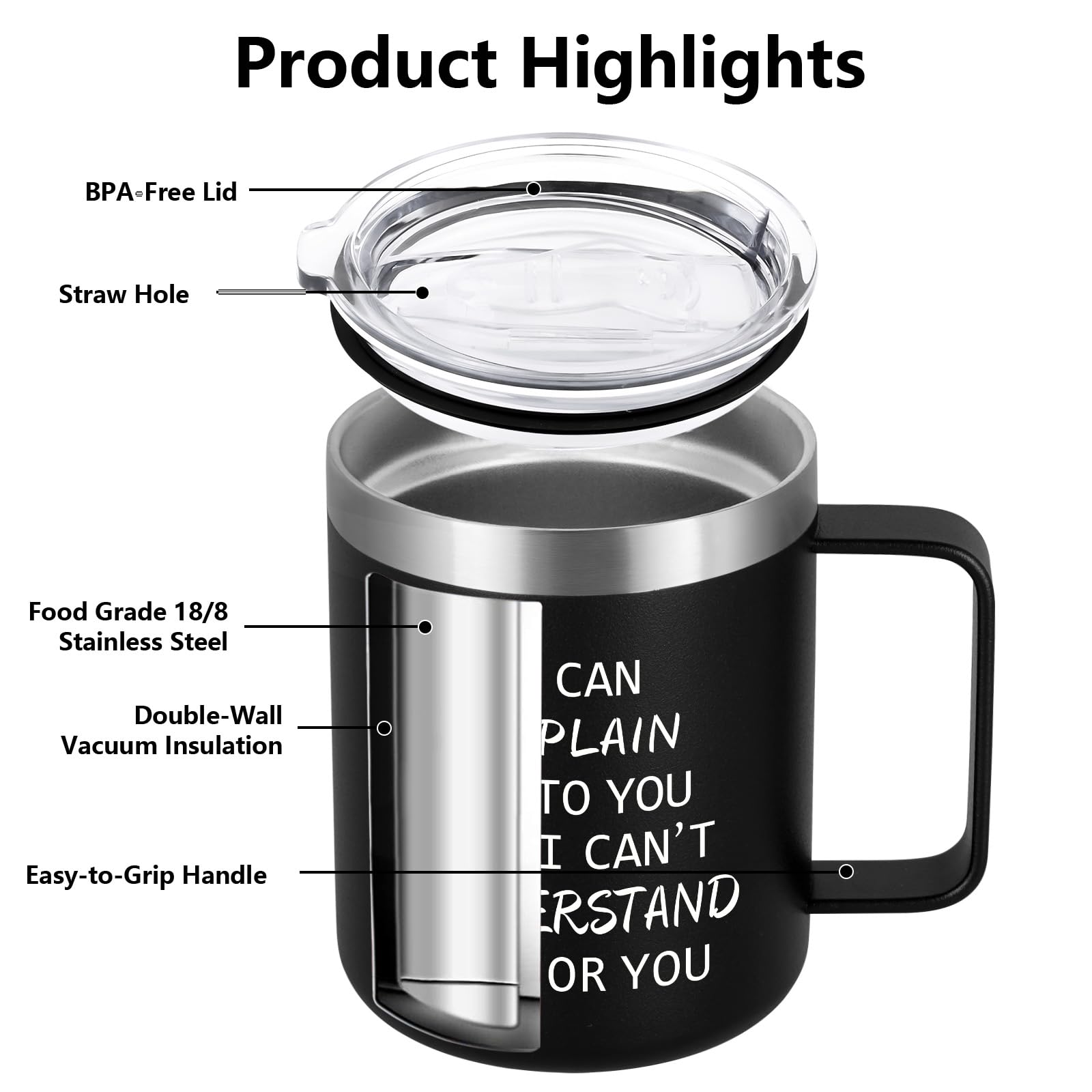 Qtencas Engineer Gifts, I Can Explain It to You But I Can't Understand It for You Stainless Steel Coffee Mug, Christmas Birthday Gifts for Engineers Men Coworker Boss Office Computer Geek(12OZ, Black)