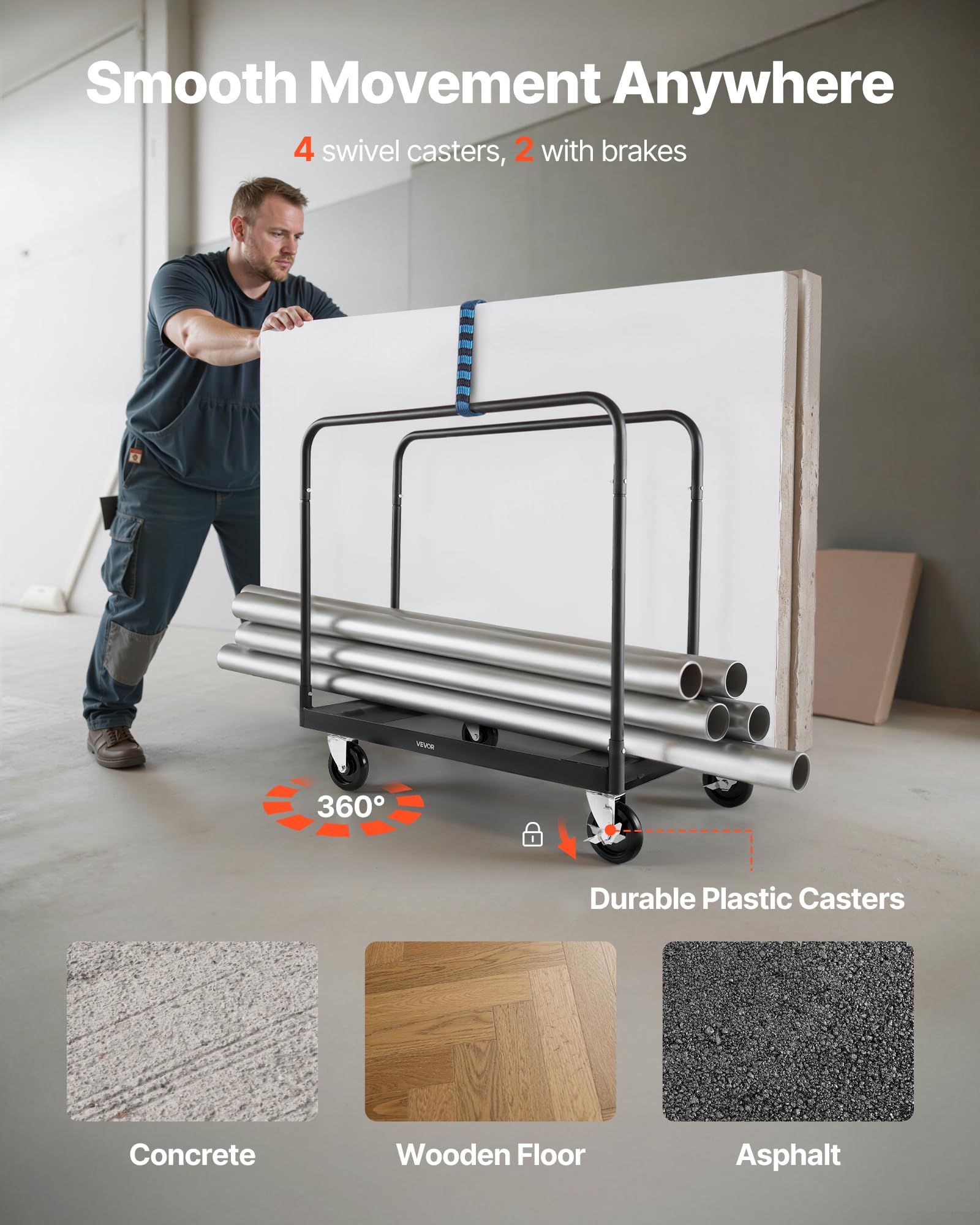 VEVOR Carrello a pannelli Q235B, trasportatore a piastre con ruote universali per carichi pesanti, 975 x 610 x 990 mm