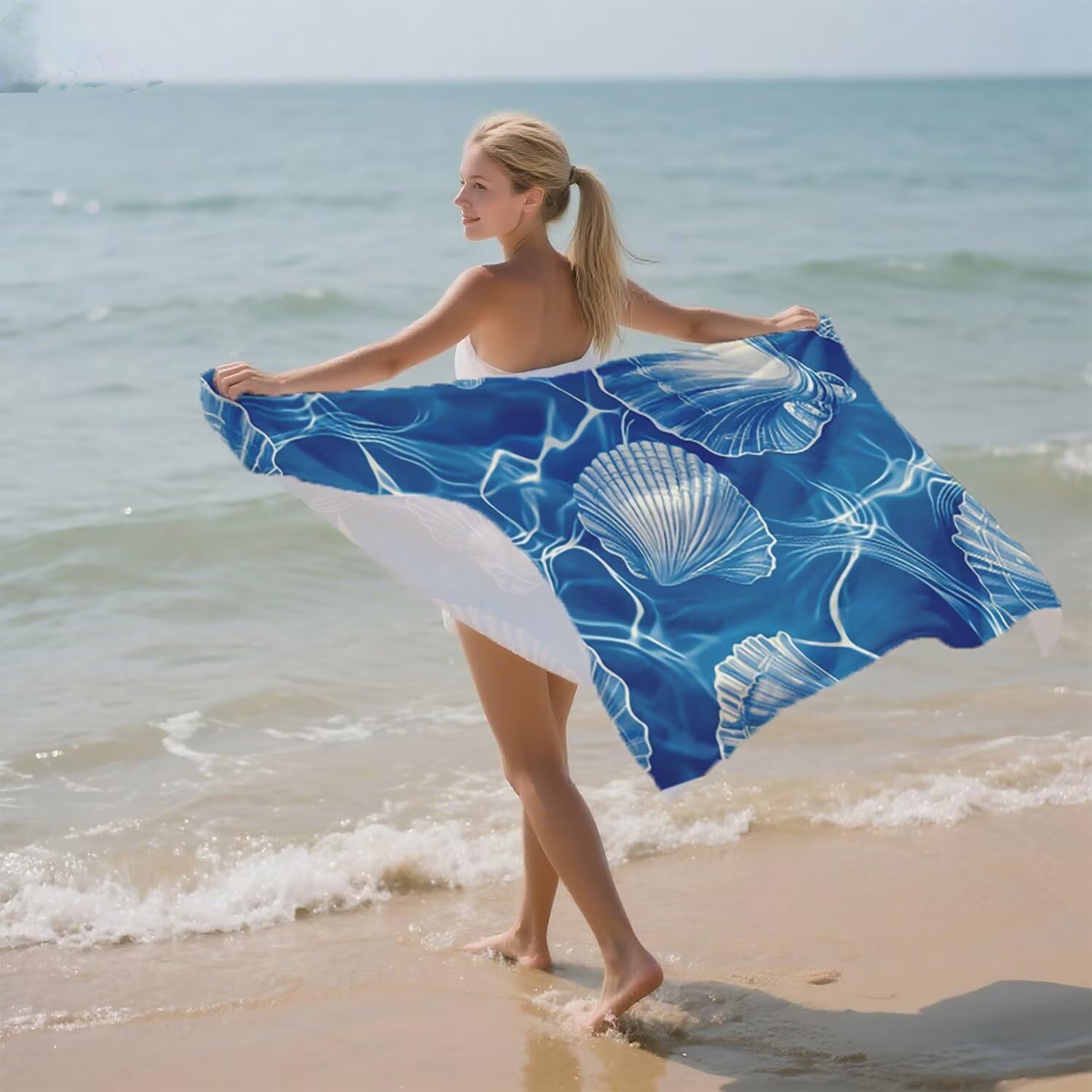 Toalla Playa Microfibra 150x200 Caparazón Diseño Absorbente Sin Arena Toalla Playa, con Cuerda Elástica, Ligero, Hombre, Mujer Ideal Toallas de Baño, Aplicable Gimnasio,Viajes, Natación, Azul p-428