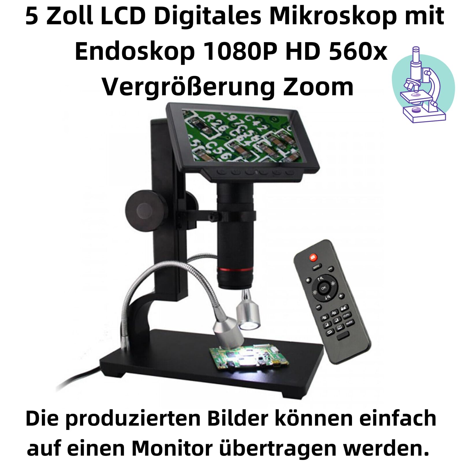 A57D 5 Zoll LED Digital Mikroskop – 12MP HD-Sensor, 1080P Full HD über HDMI, 720P über PC, USB Endoskop Lupe mit TF-Karten-Slot & Ständer