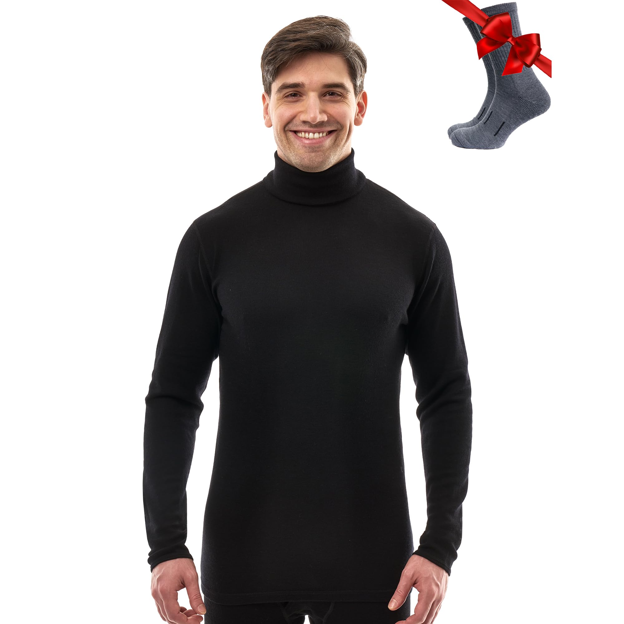 Merino.tech 100% Merino Rollkragenpullover Herren Alltag & Reise + Socken | Merino Shirt Herren Langarm. Kratzfrei, wärmend und feuchtigkeitsableitend Merino Unterwäsche Herren