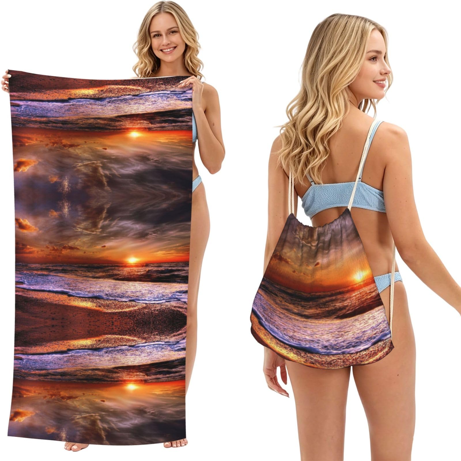 SATUSA Beach Sunrise Print 2-In-1 Foldable Beach Towel Backpack â€“ Camping, Yoga And Travel,Bath Towel With Built-In Storage, Convertible Beach Mat & Carry Bag