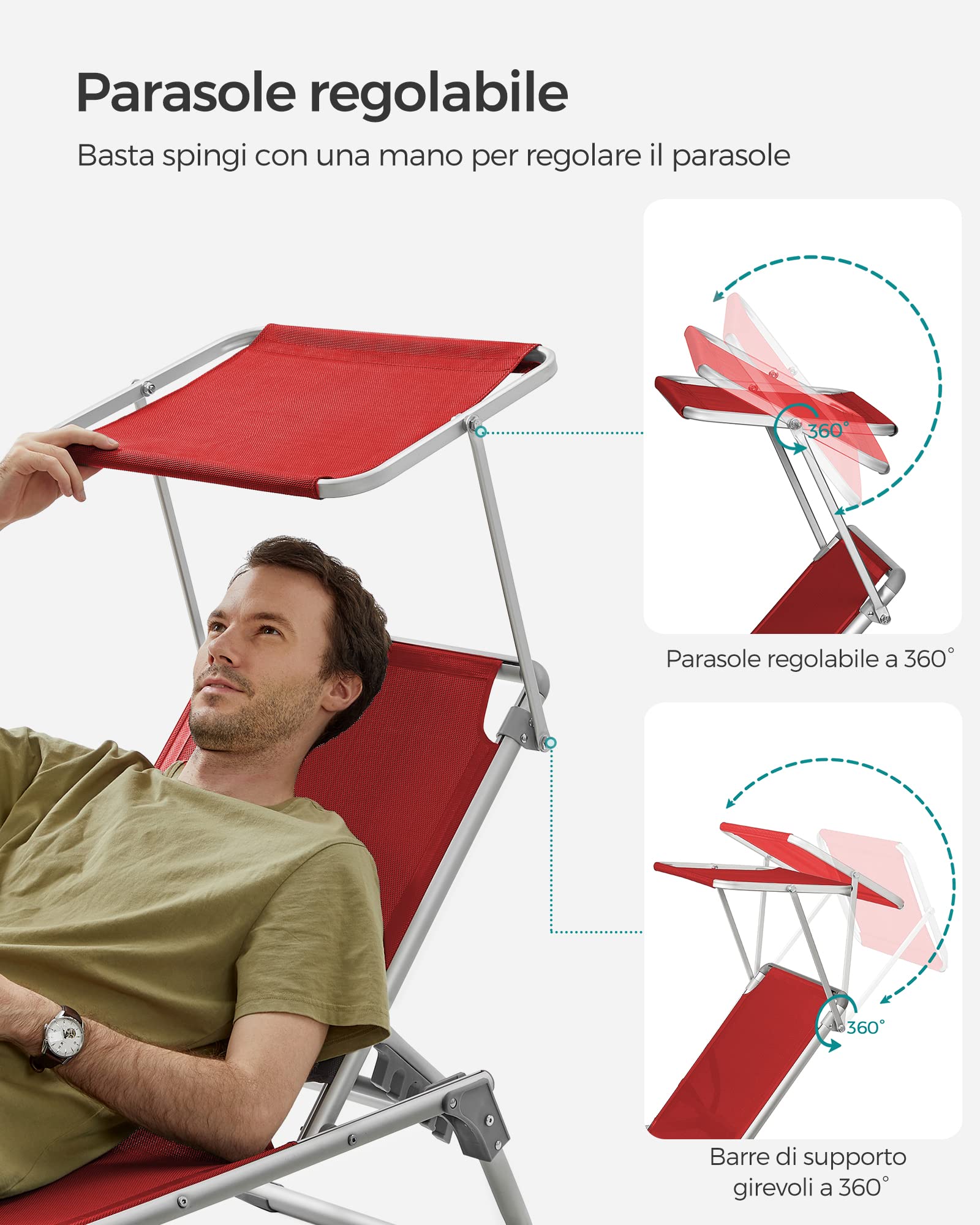 SONGMICS Lettino Prendisole, Sedia a Sdraio Pieghevole in Alluminio, con Parasole e Schienale Reclinabile, 193 x 55 x 31 cm, Max Portata 150 kg, per Terrazzo Piscina Giardino, Rosso GCB19RD