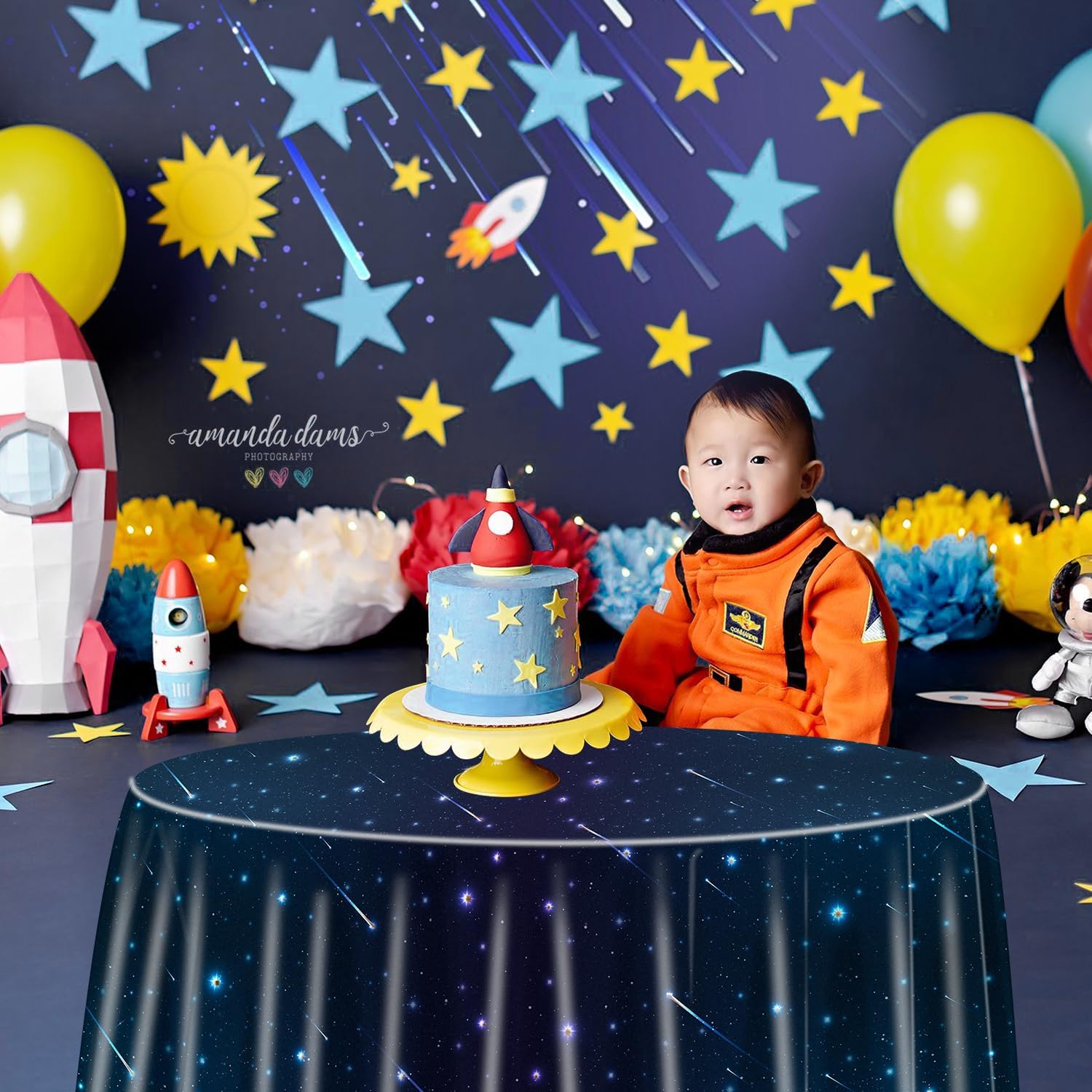 9 Pack Space Tablecloths for Round Table, Space Explore Theme Plastic Round Table Cover for Galaxy Theme Party, Outer Space Stars Theme Birthday Decorations, Kids Birthday Party Supplies, 84x84''