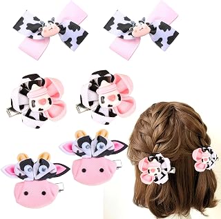 3 Pairs Cow Print Baby Hair Clips, Pink Cowgirl Pigtail Bows for Baby Girls Cute Moo Cow Bows with Alligator Clips Barrettes Flower Grosgrain Ribbon Tiny Bows Farm Party Costume Hair Accessories
