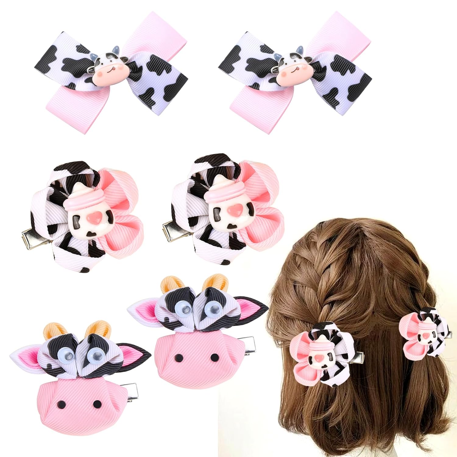 3 Pairs Cow Print Baby Hair Clips, Pink Cowgirl Pigtail Bows for Baby Girls Cute Moo Cow Bows with Alligator Clips Barrettes Flower Grosgrain Ribbon Tiny Bows Farm Party Costume Hair Accessories