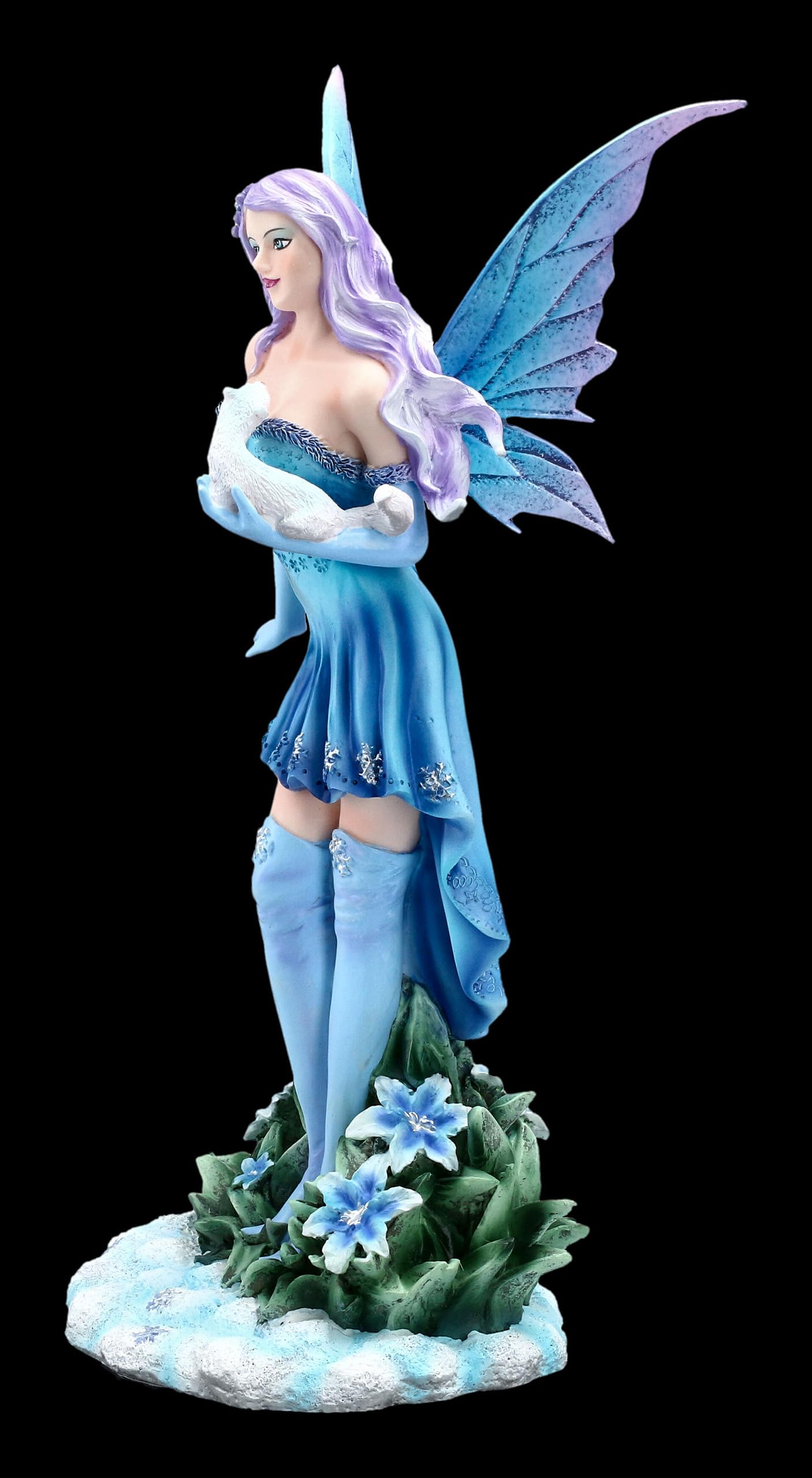 Winter Elfen Figur Melly mit weißem Frettchen, 26 cm, Kunststein, Handbemalt - Winterlandschaft, blaues Kleid
