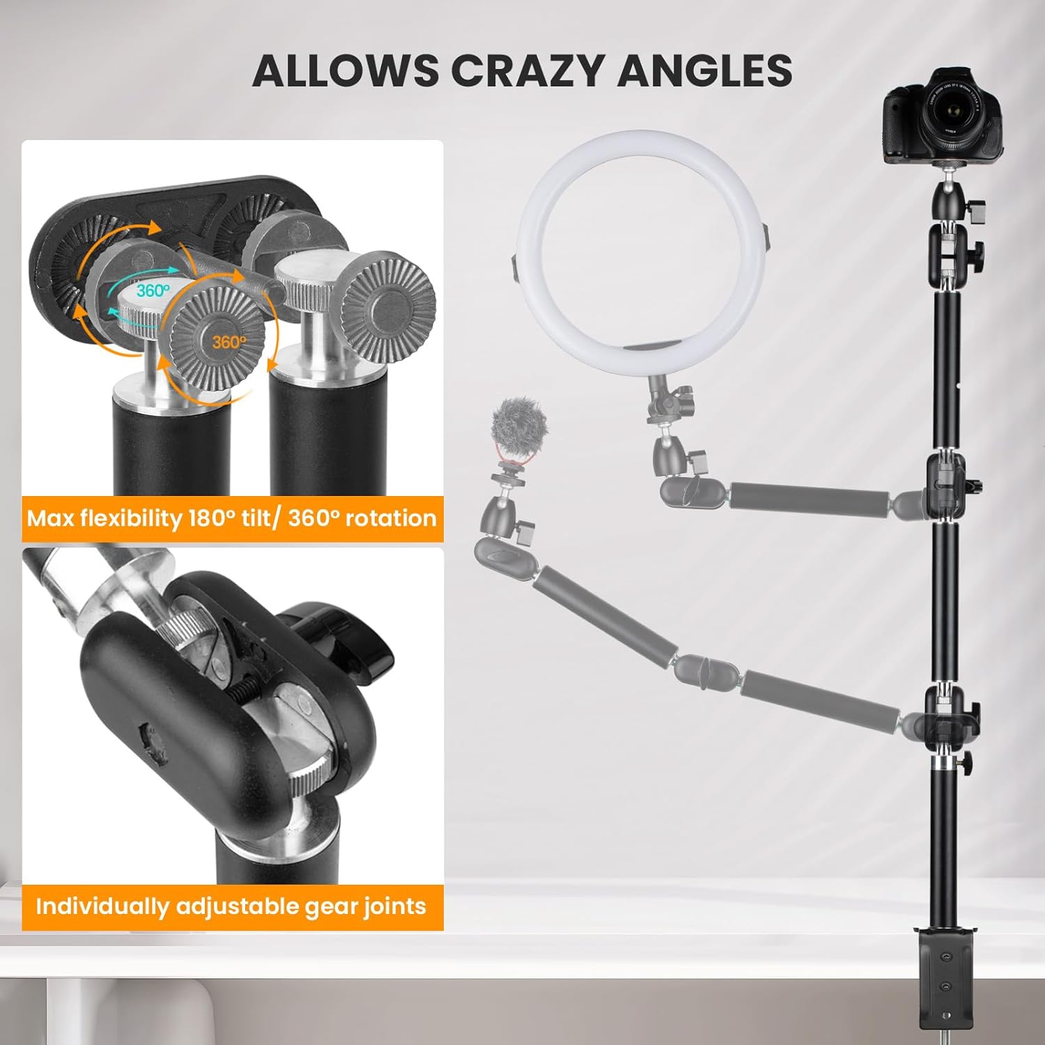 TARION Overhead Camera Desk Mount - 360° Flexible Articulating Arm with 3/8'' Screw and 1/4'' Screw Ballhead for DSLR SLR Mirrorless Cameras Projector Ring Light TKA01-M