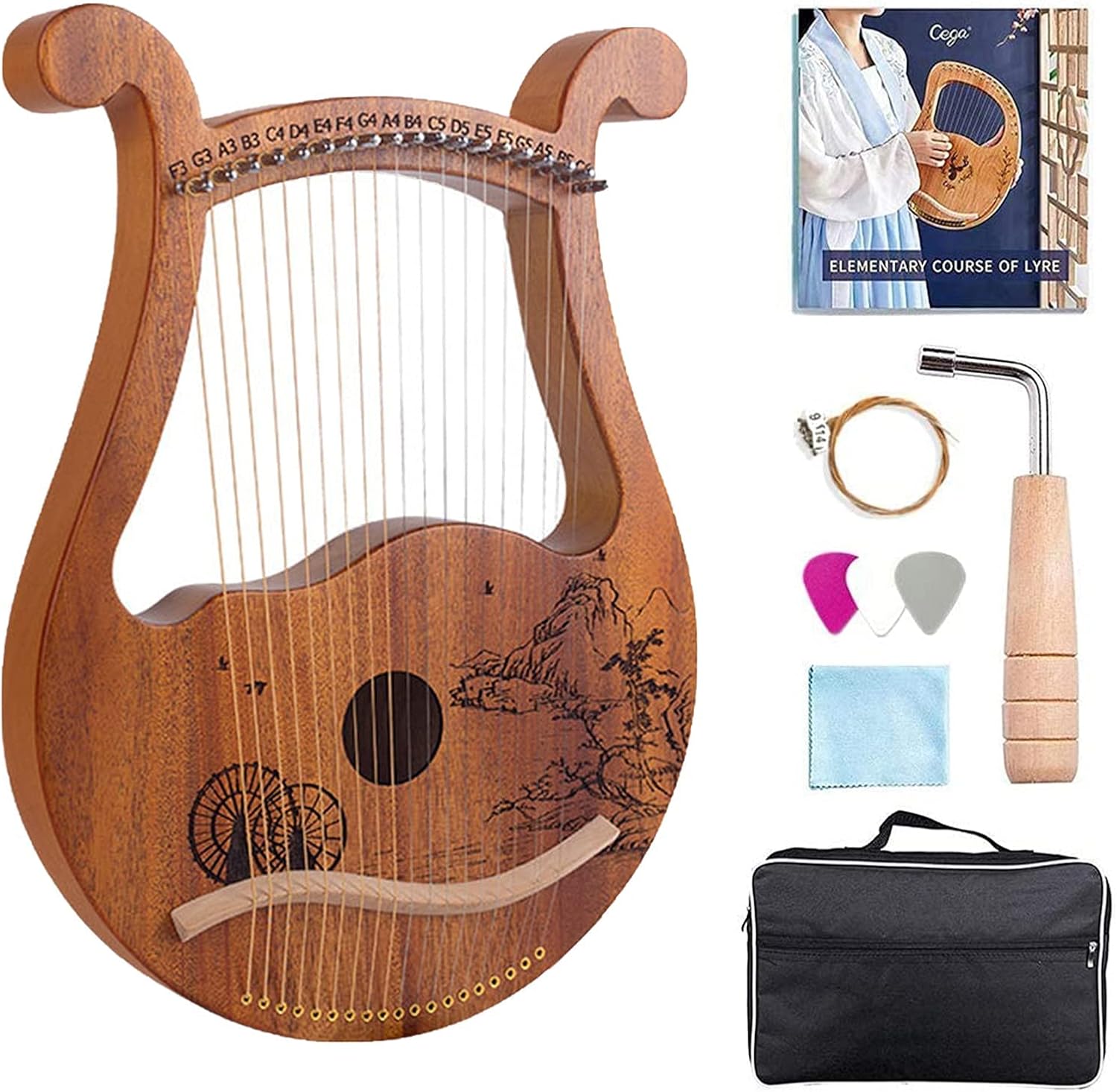 Hand Made Lap Harp, Lyre Harp,19 String Mahogany Lyre Harp