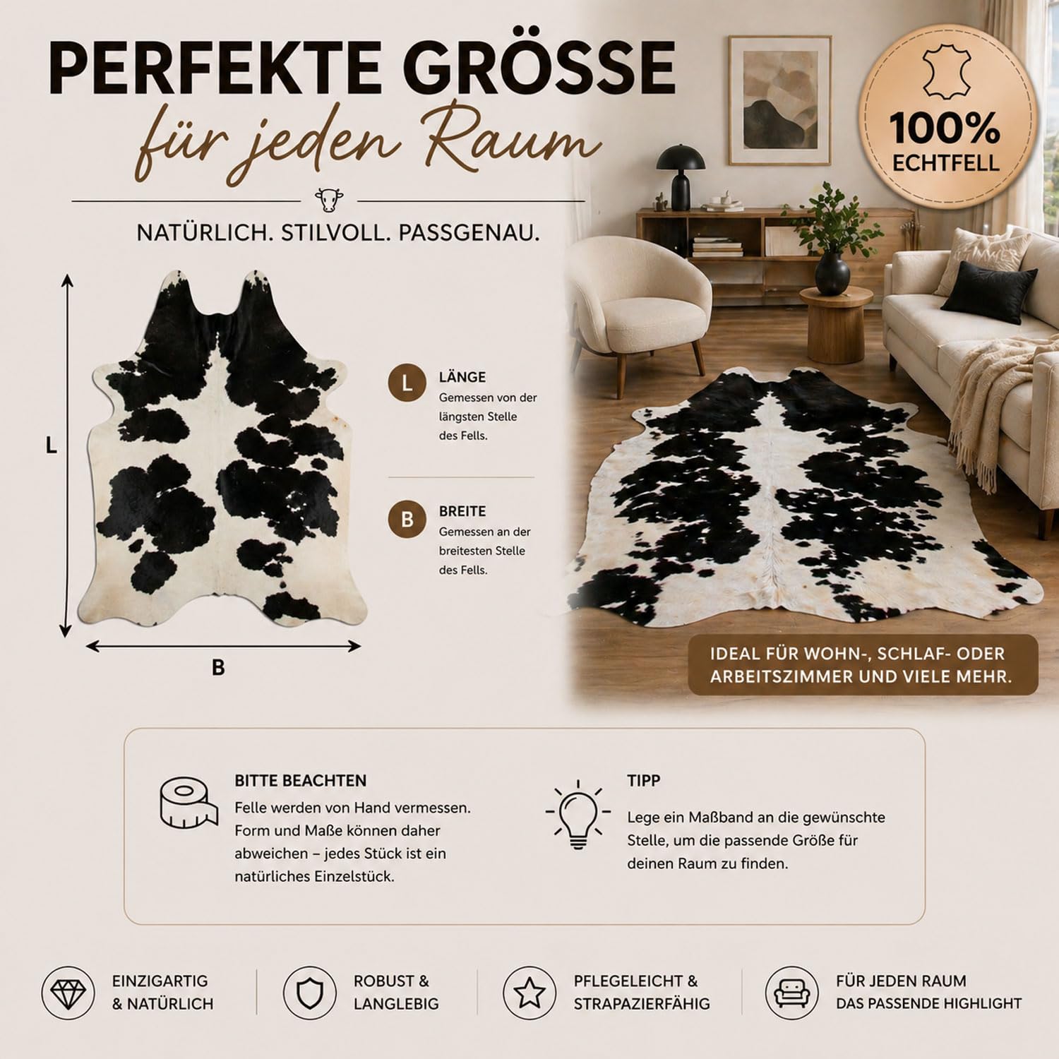 Tapis en Peau de Vache de qualité supérieure - Noir et Blanc - Produit Naturel Unique en provenance d'Amérique du Sud - Peau de Vache véritable
