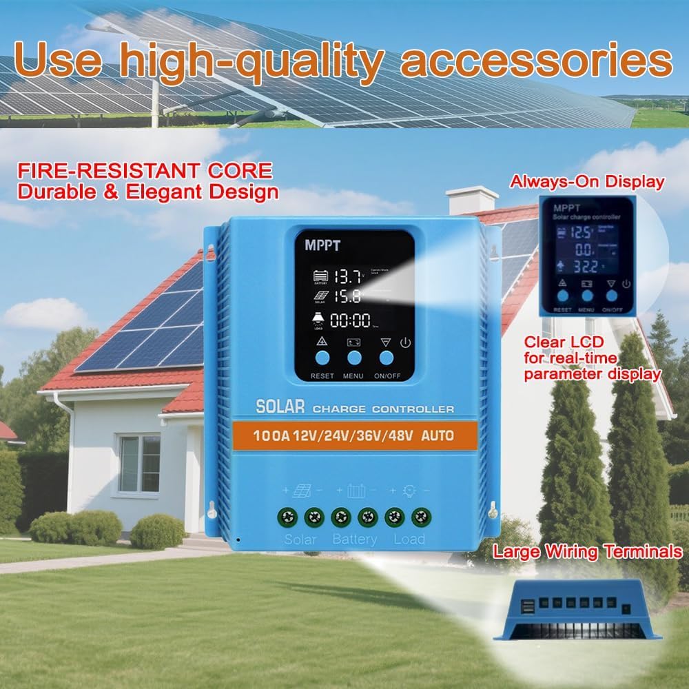 Regulador Solar 100A MPPT/PWM Híbrido | Detección Automática 12V/24V/36V/48V | Pantalla LCD & Dual USB | Para Baterías de Litio (LiFePO4) y Plomo | Ideal para Autocaravana, Casa y Huerto