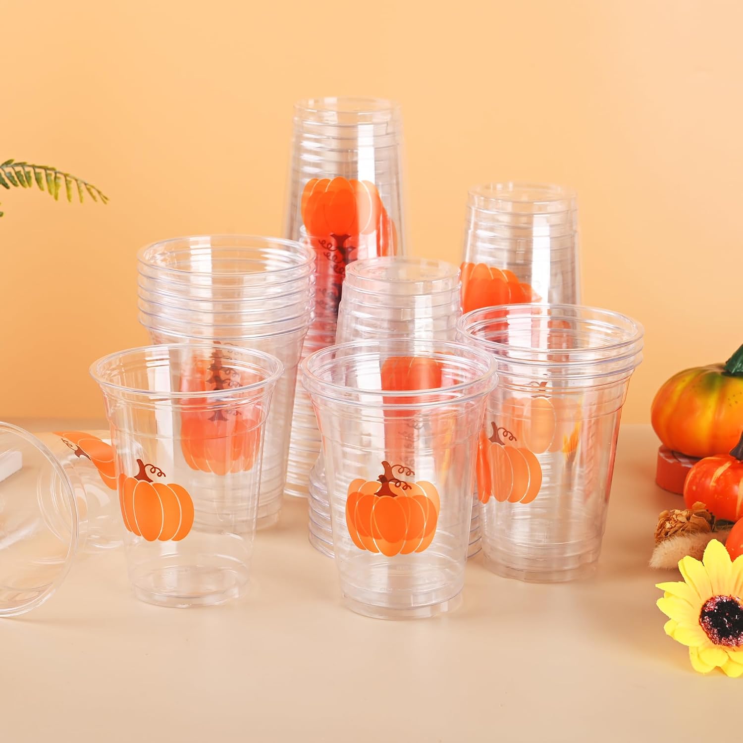 AimFun Pumpkin Plastic Cups Fall Disposable Party Cup Autumn Harvest 12oz Clear Cups Orange Pumpkin Thanksgiving Cups for Birthday Baby Bridal Showers Party Supplies (100)