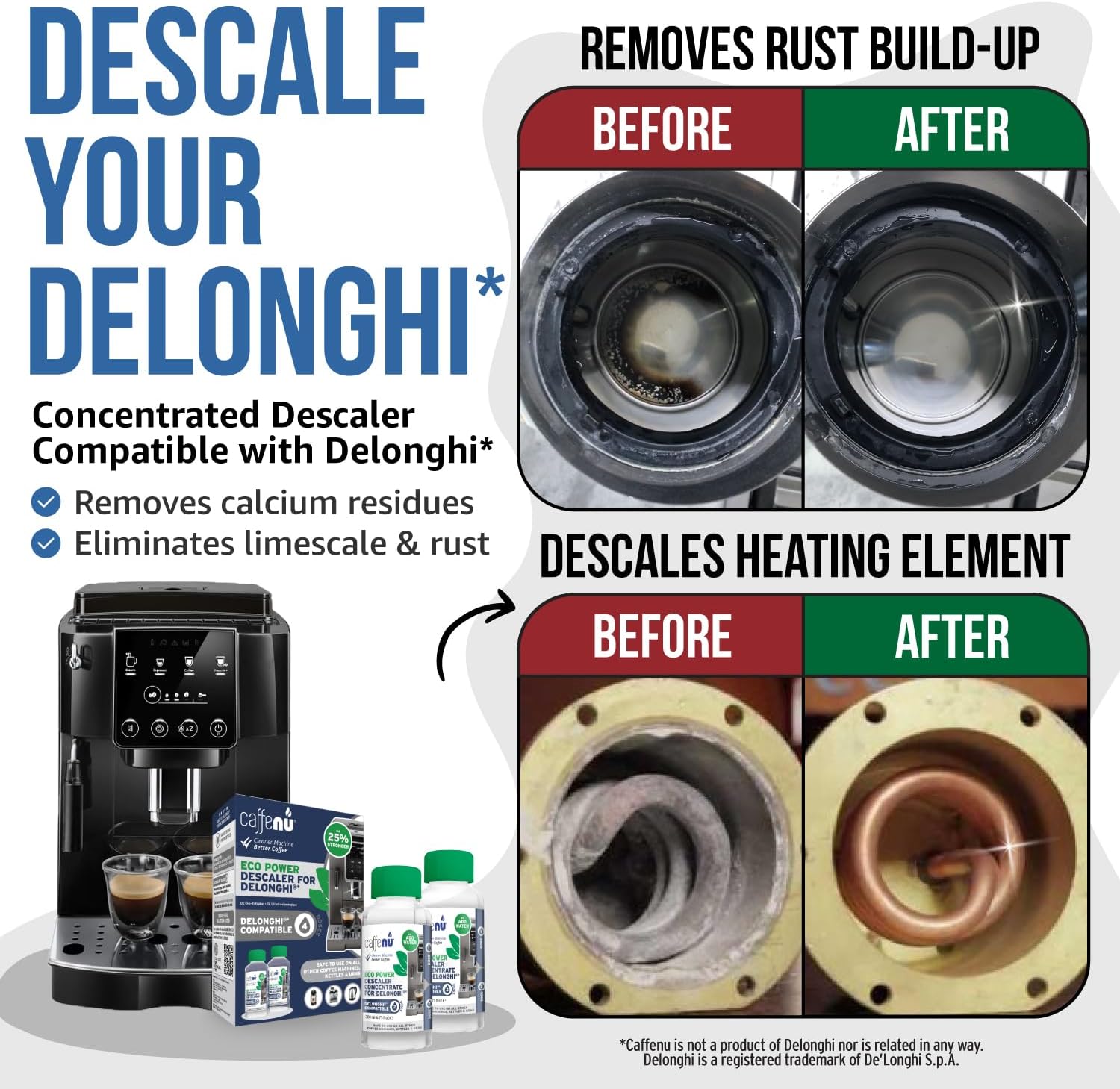 Delonghi Compatible Descaling Solution. 2 Bottles of Descaler Solution. Descaling Kit Removes Limescale For Hotter Coffee. 4 Uses Descaler For Delonghi Coffee Machines. image 2 of 7 B0CG9GJF7N