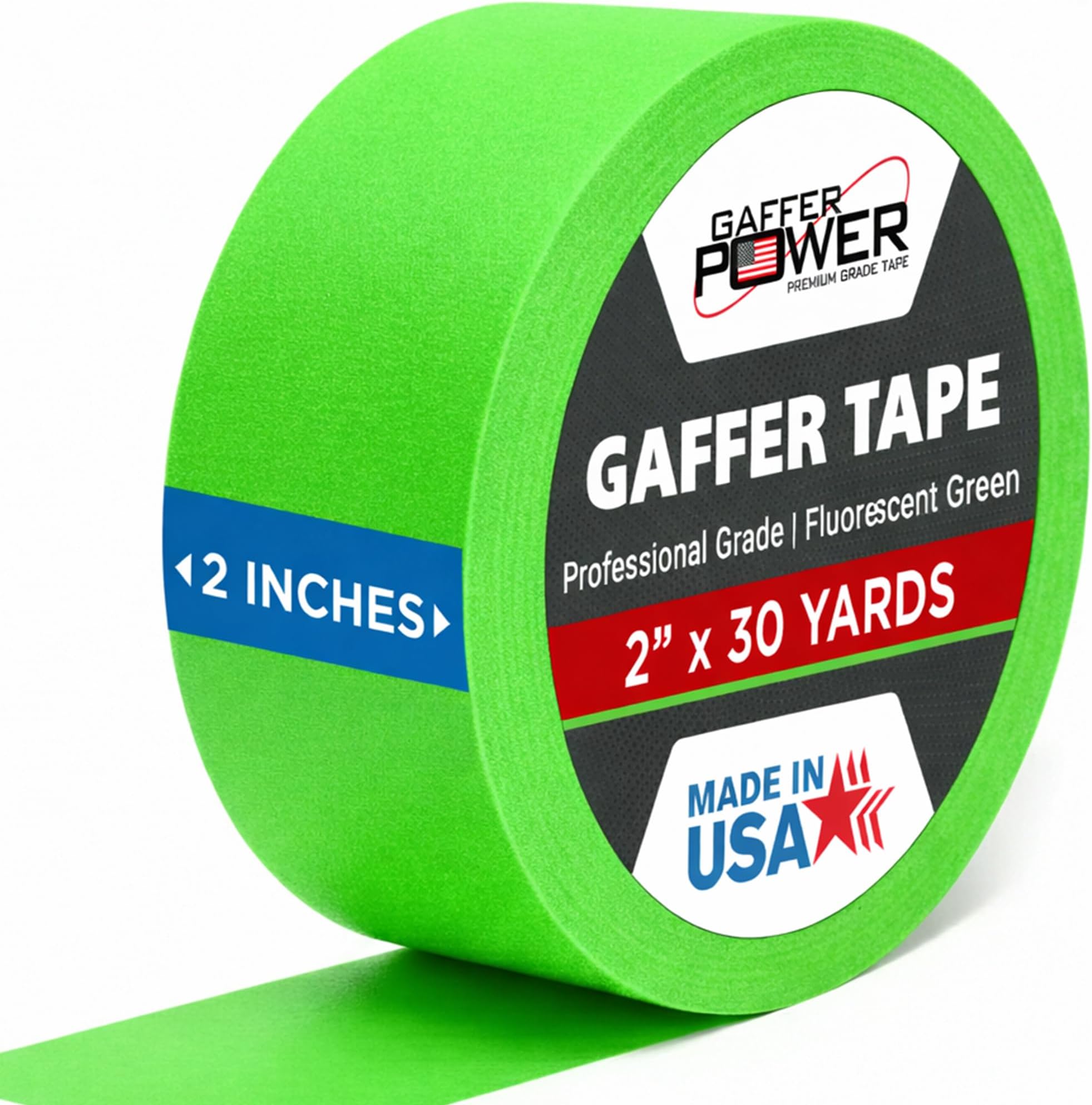 Proudly Made in The USA, Real Professional Grade Gaffer Tape, Heavy Duty Gaffers Tape, Non-Reflective, Multipurpose. 2 Inches x 30 Yards, Fluorescent Green