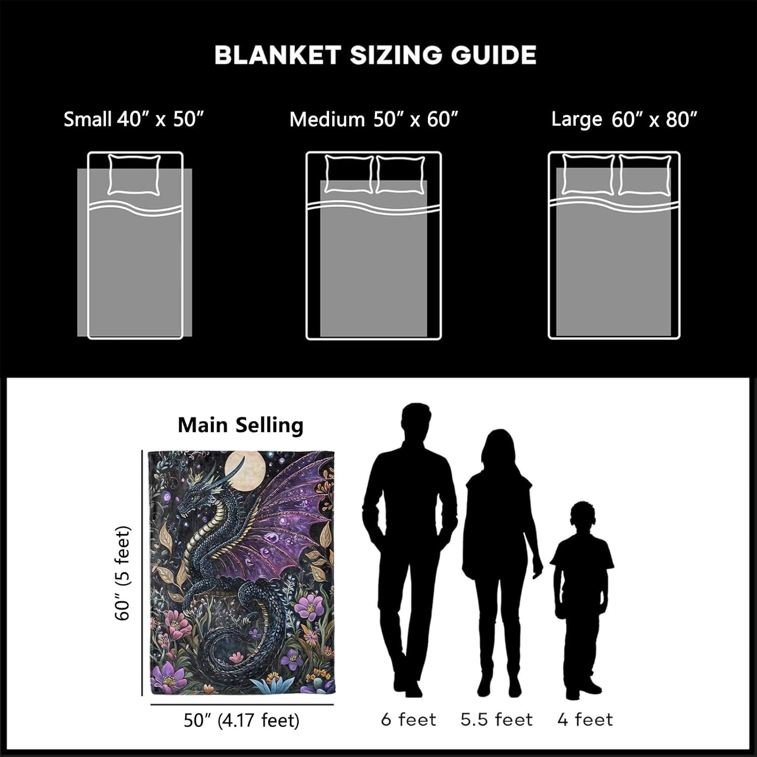 Mystical Moonlit Dragon Blanket, Cozy Plush Throw Blanket for Couch Bedroom Outdoor, Lightweight Soft Flannel Travel Blankets, Gifts for Women Adults Kids, Warm Decor 50"×60"