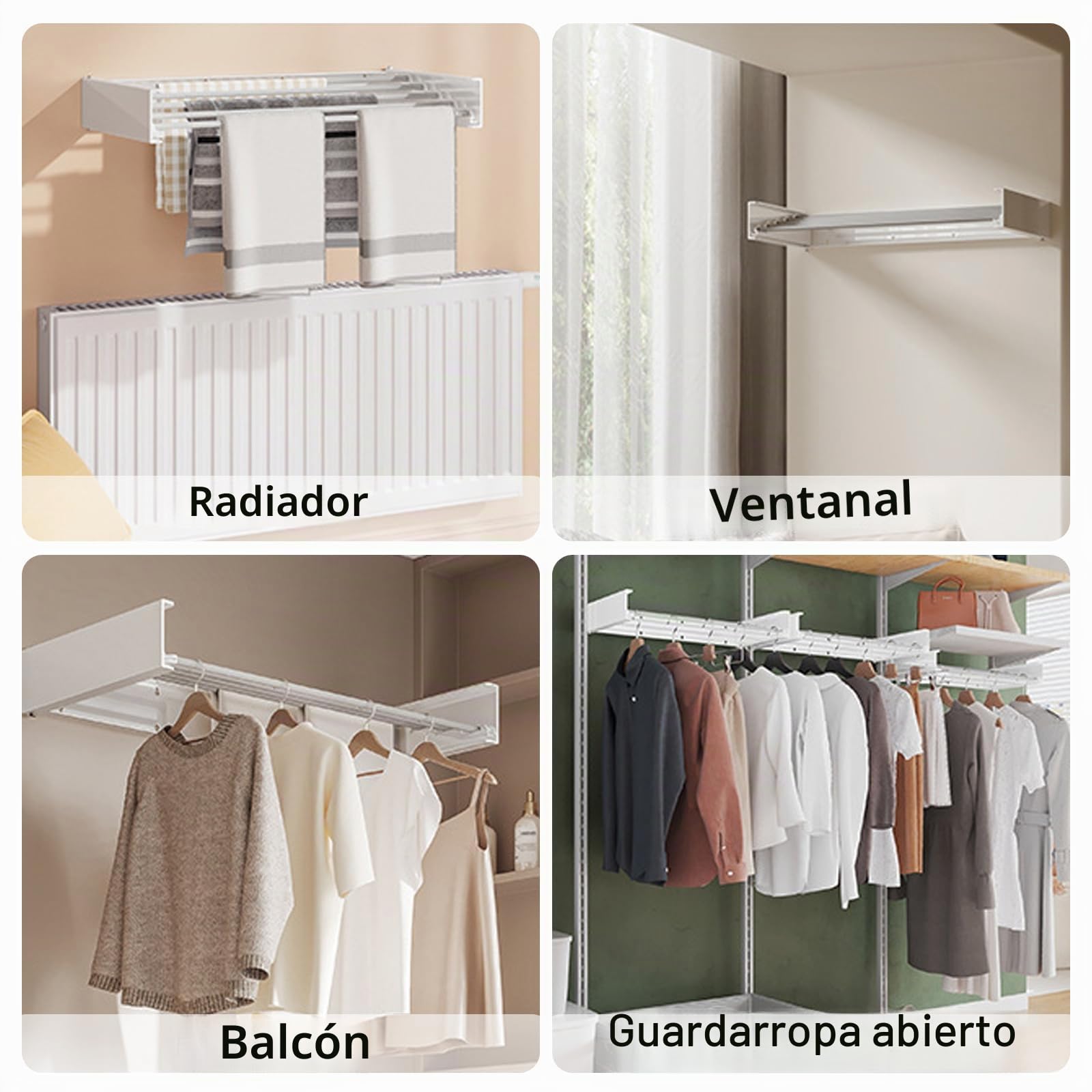Tendedero de pared de acero al carbono y aluminio, tendedero sencillo de pared, plegable, para interior y exterior, tendedero de pared extensible para balcón (blanco con 4 ganchos)