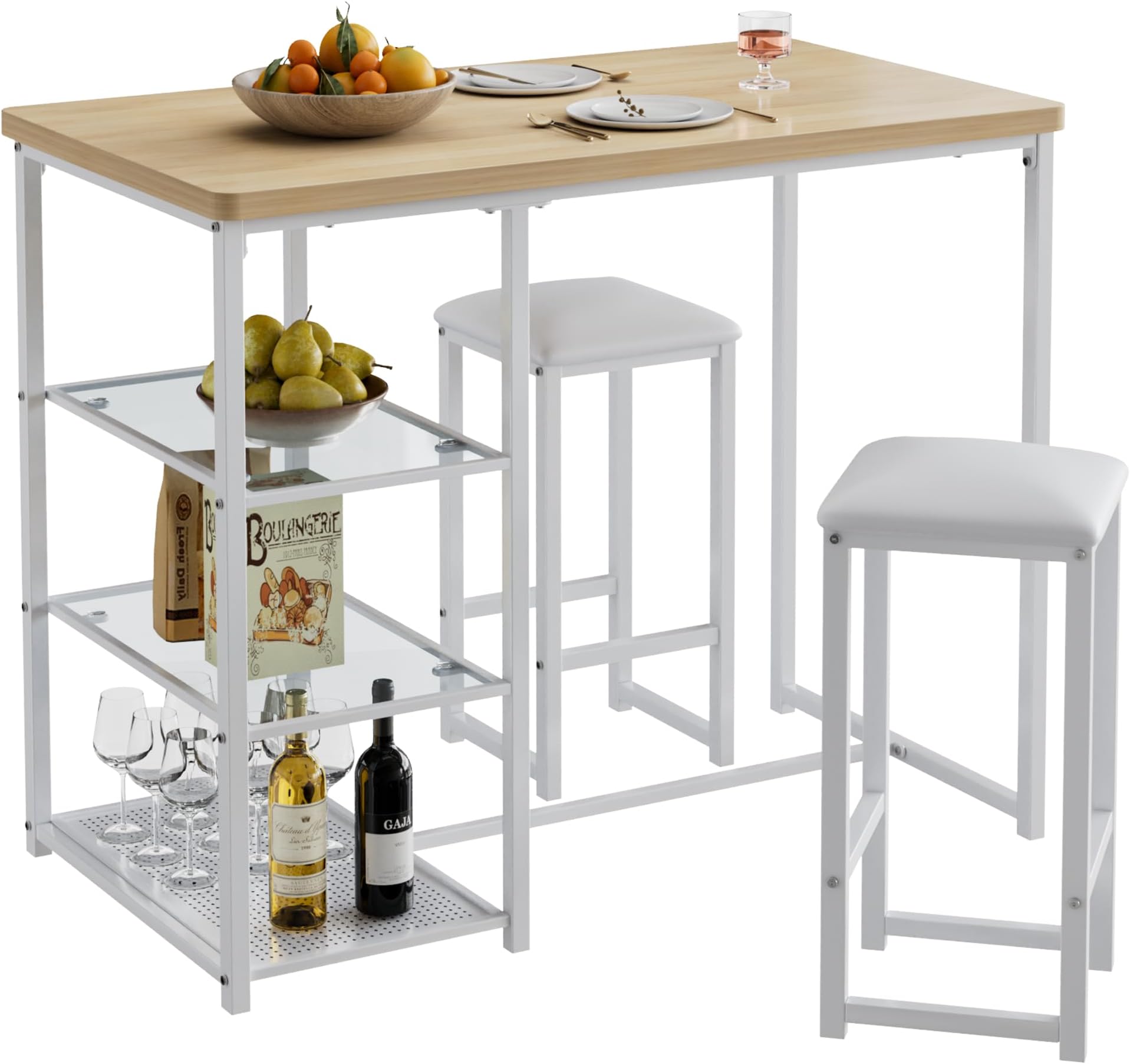 VECELO Small Bar Table and Chairs Set for 2, Upholstered Stools & Glass Storage Shelves, for Kitchen Dining Breakfast Nook, Space-Saving, Natural & White