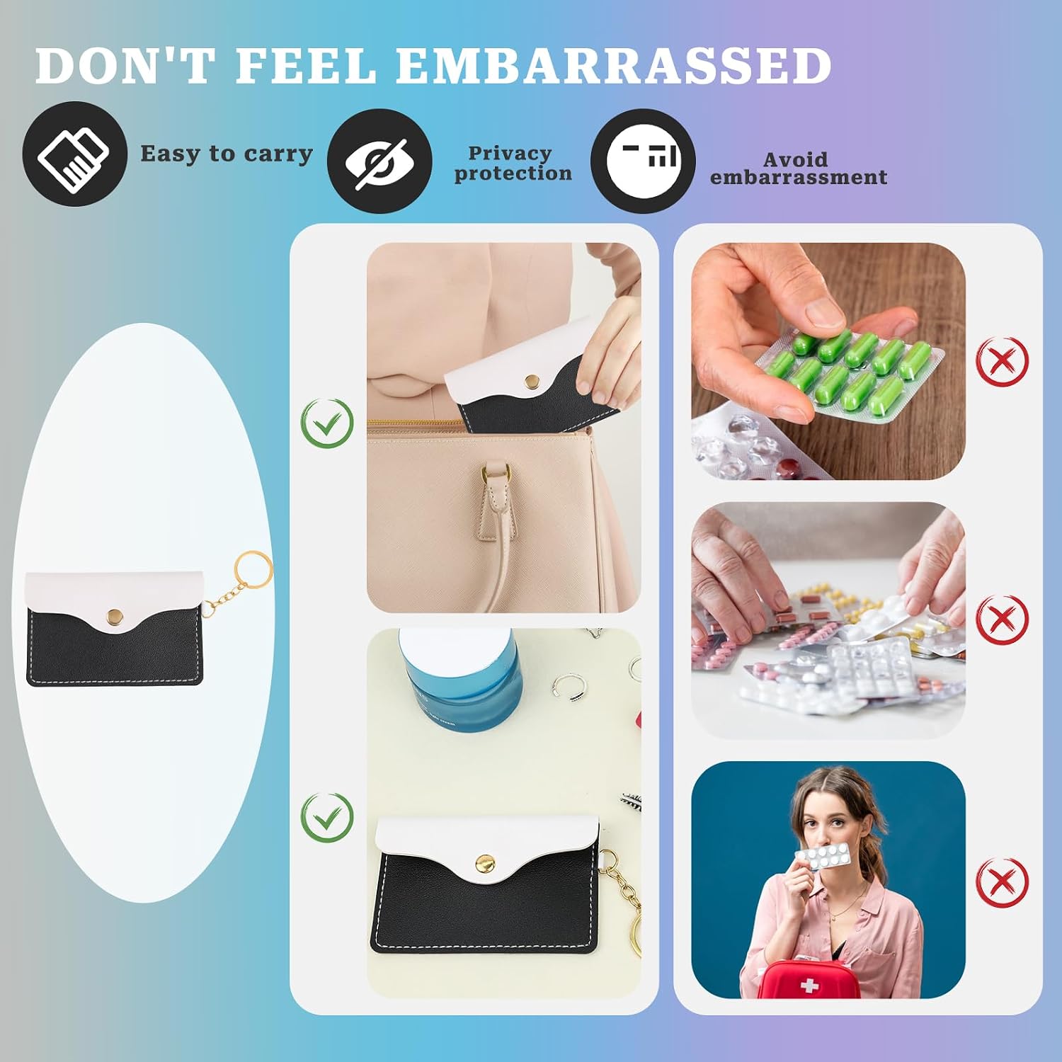Mozeat Lens 1 Pack Birth Control Pill Case Sleeve Packet PU Leather Wallet Pill Holder Birth Control Case with Snap Closure and Keyring Contraceptive Medicine Holder for Travel Bag Backpack
