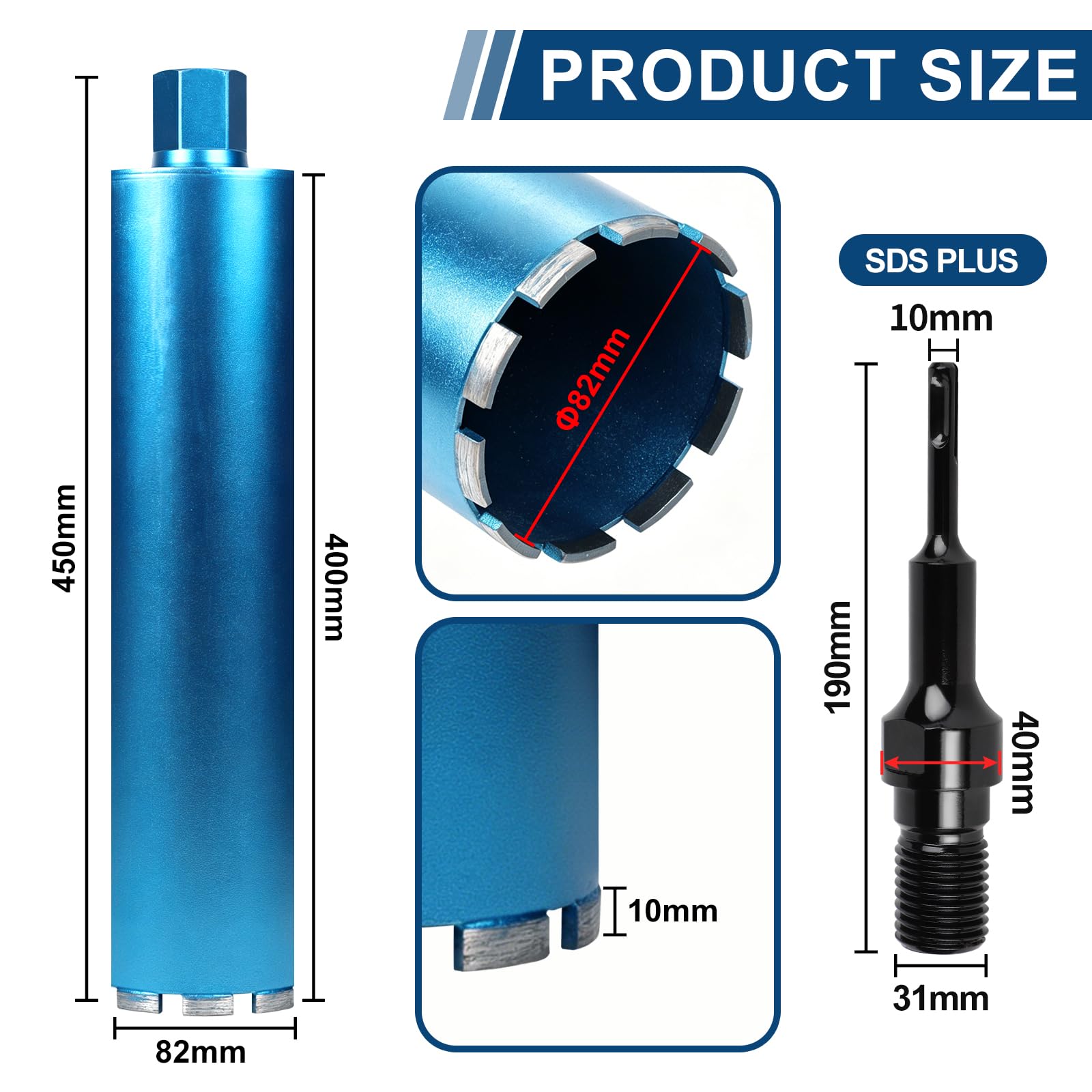 CPROSP 1¼" UNC Diamentowa koronka wiertnicza ø82 mm L450 mm, koronka wiertnicza z adapterem SDS Plus, spawanie laserowe koronka wiertnicza rdzeniowa, wiertło rdzeniowe do wiercenia w betonie