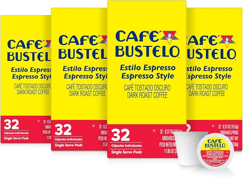 Café Bustelo Espresso-Style Dark Roast Coffee Pods, Bulk 128 Count | Bold Latin character, rich aroma, smooth taste, stands up to milk and sugar, single serve coffee pods, 4 boxes, 32 pods each