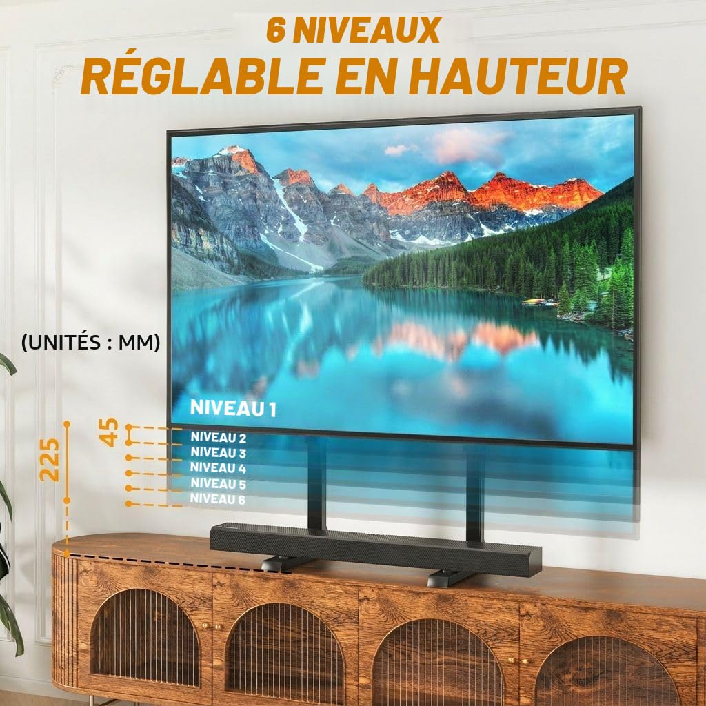 TVON Support TV de Table avec Pieds de TV Réglables en Hauteur, Base de Support TV avec Gestion des Câbles pour Téléviseurs 37 à 86 Pouces, Pieds en Acier Supportent jusqu'à 68 KG, VESA Max 800x600mm