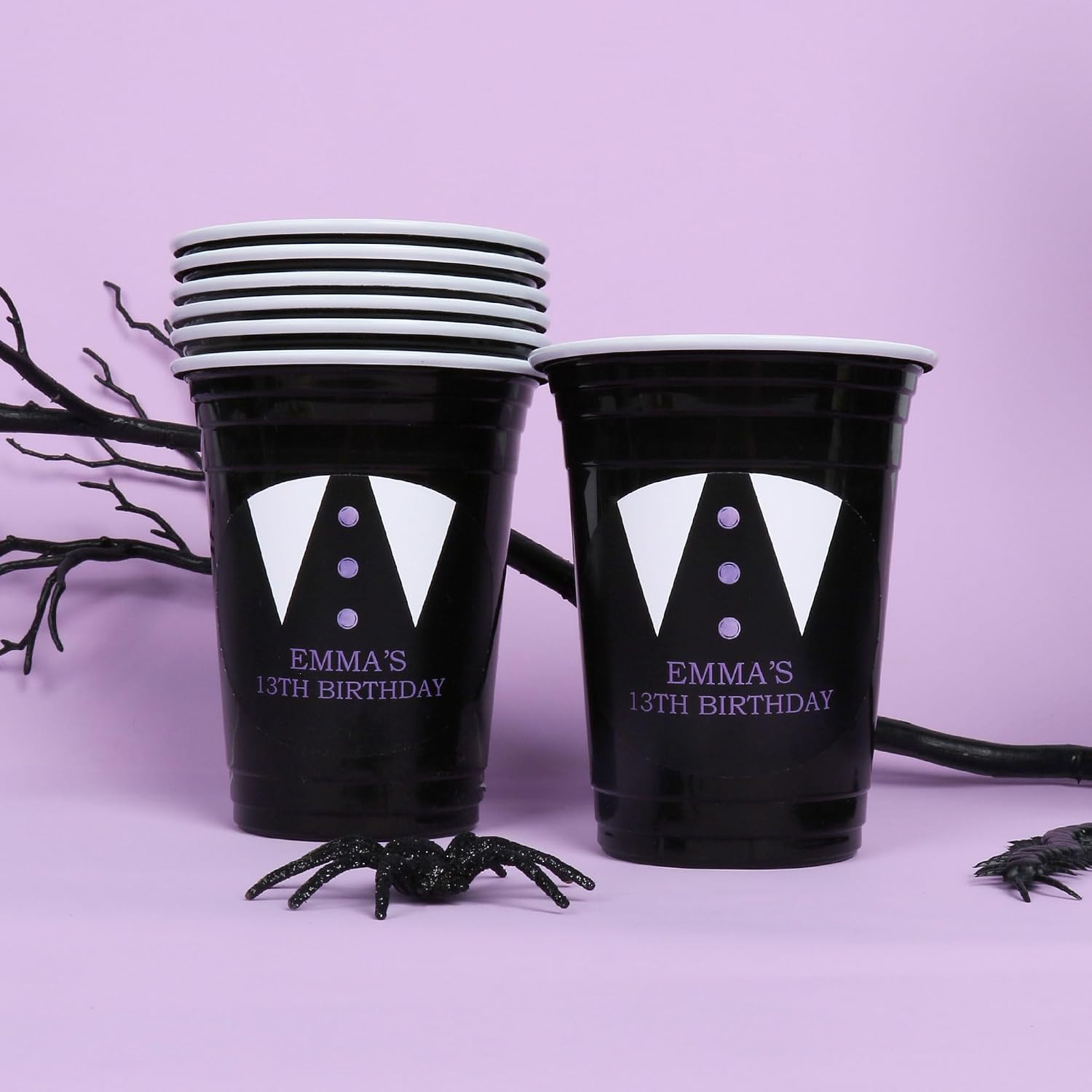 Big Dot of Happiness Custom Goth Girl Cups, 16oz Disposable Drinkware, Black and Purple Halloween or Gothic Birthday Party Table Decor, Custom Party Cups (Black) & Personalized Stickers - 16 Pack
