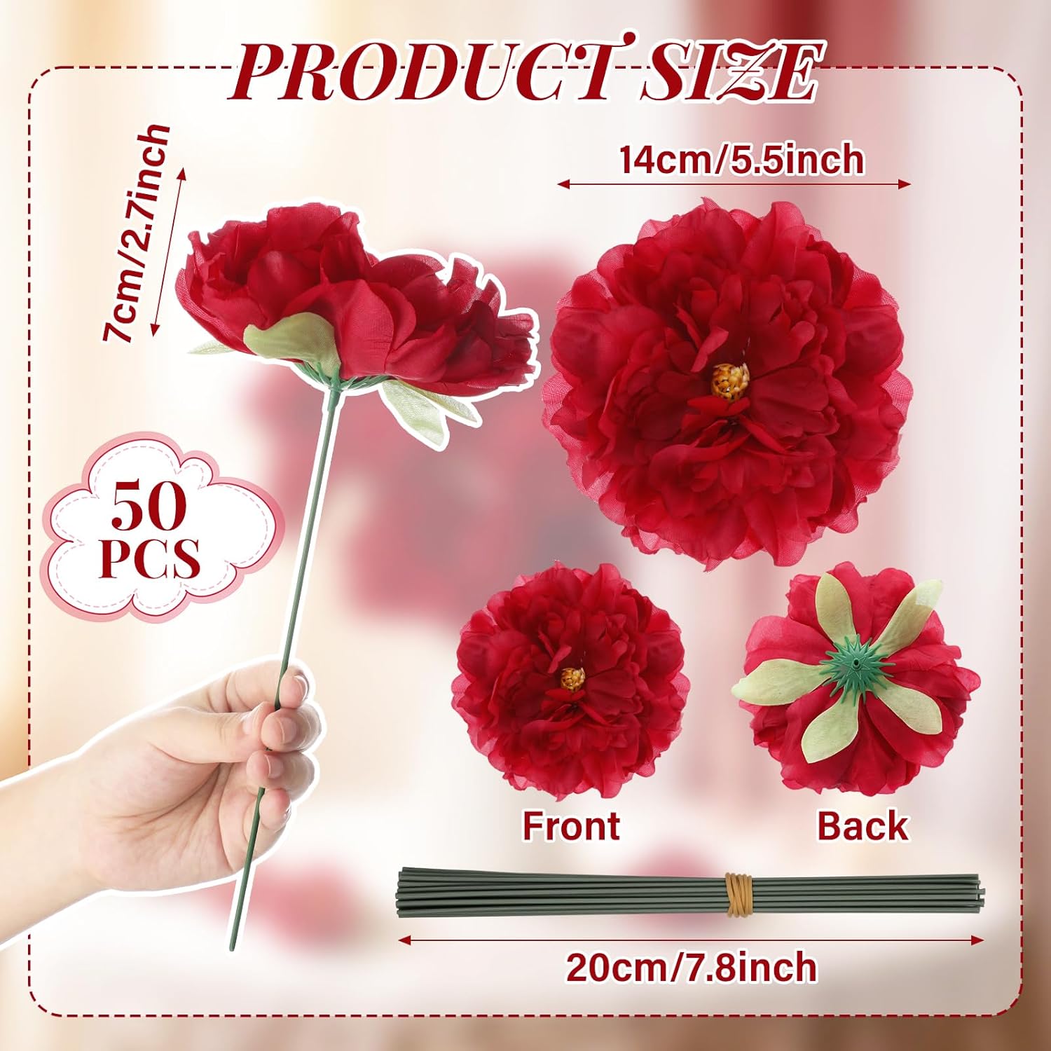 50 Pcs 5.5 Inches Peonies Artificial Flowers with Wire Branch Silk Realistic Blooming Fake Peonies Rose Bouquets for Wedding Table Centerpiece DIY Craft Party Home Decor (Red)