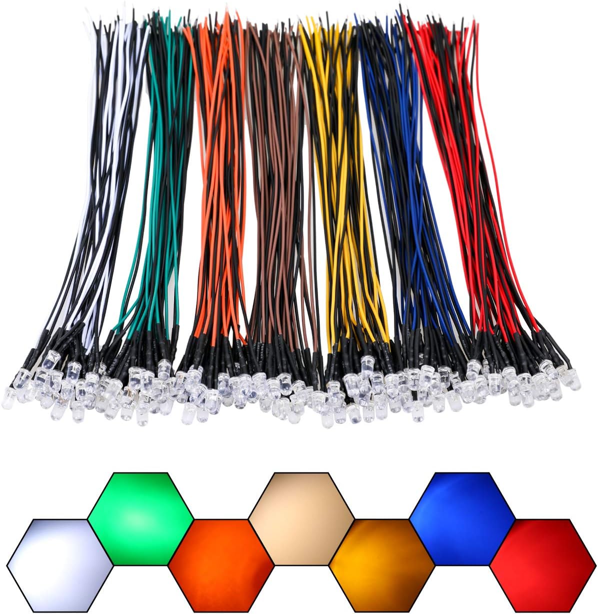 140pcs (7 Colors x 20pcs) 12 Volt LED Lights Emitting Diodes Pre Wired DC 12v 5mm LED Assorted Kit Clear Lens- White Warm-White Red Yellow Green Blue Orange Small LED Lamps image 2