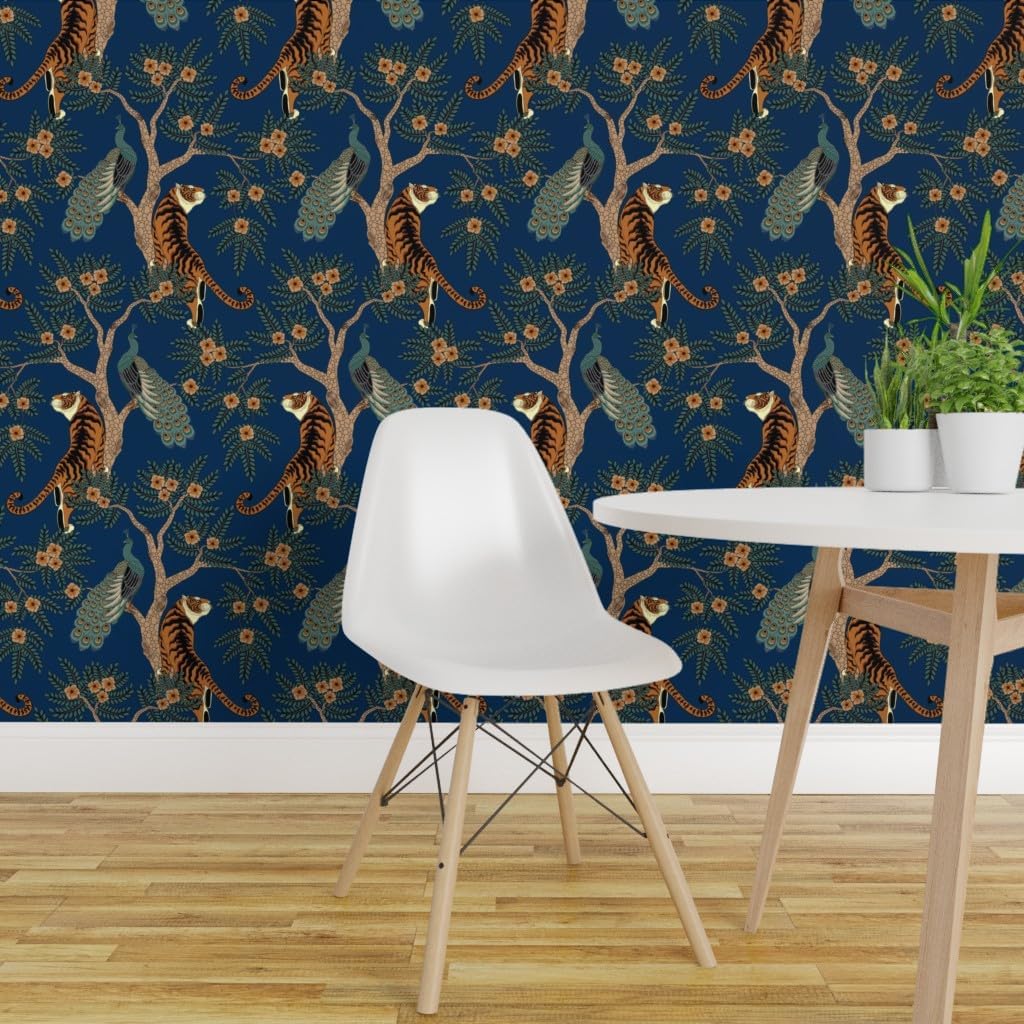 Spoonflower Removable Wallpaper 3ft x 2ft - Bird Asian Flowers Floral Chinese Tree Animals Tiger Peacock Blue Custom Pre-Pasted Wallpaper