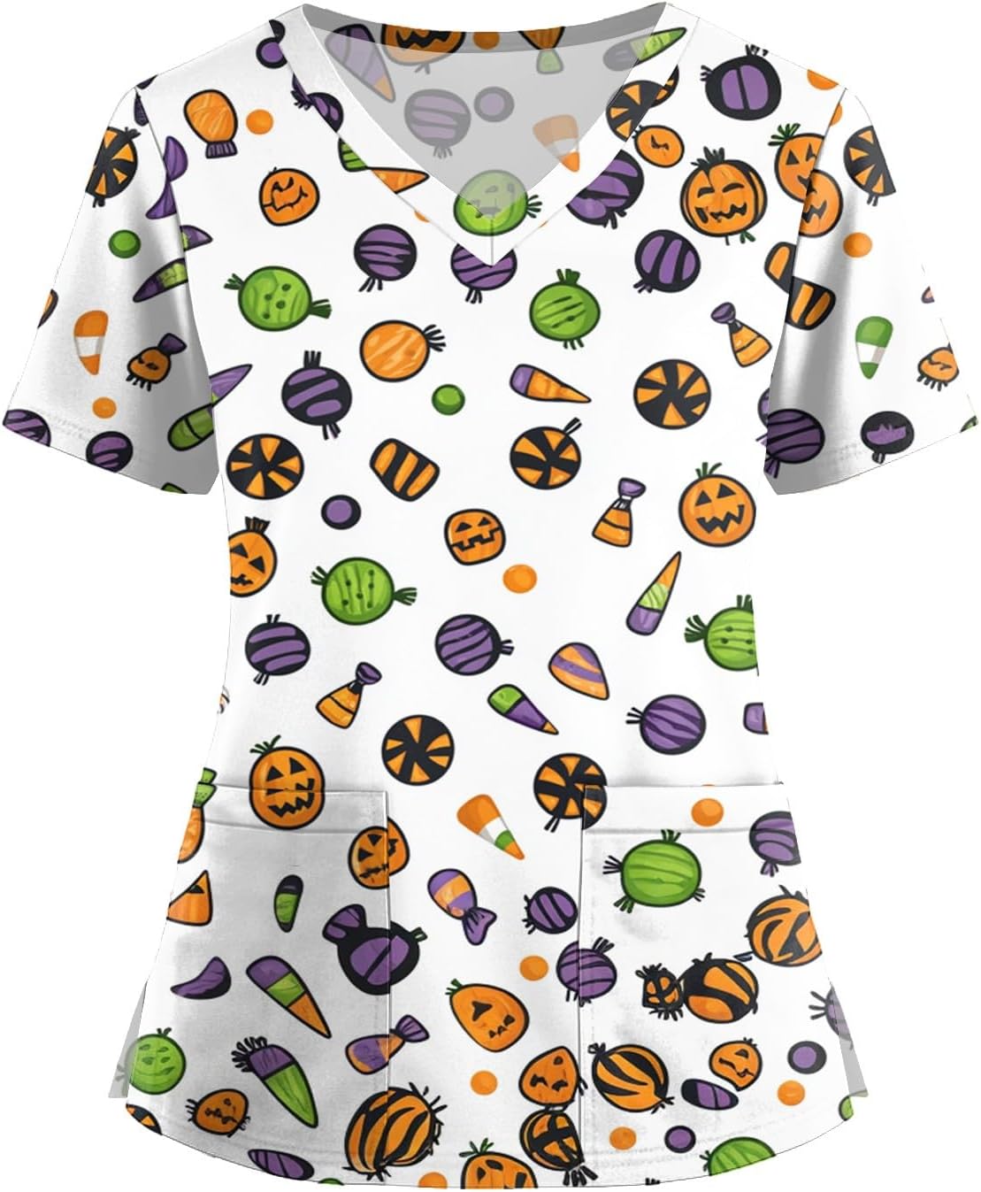 Women's Short Sleeve V Neck Halloween Shirts, Fall Funny Graphic Tops with Pockets, S-5XL