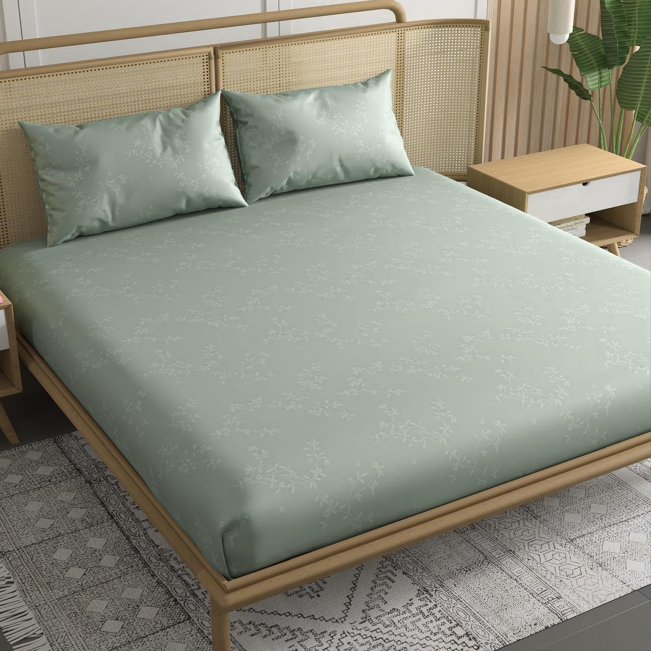 Trance Home Linen 100% Egyptian Cotton 300TC Long Staple Jacquard Weave Bed Sheets Flat Bedsheet King Bed Size Flat Bedspread with 2 Pillow Covers (108 x 108 inch, Light Olive)