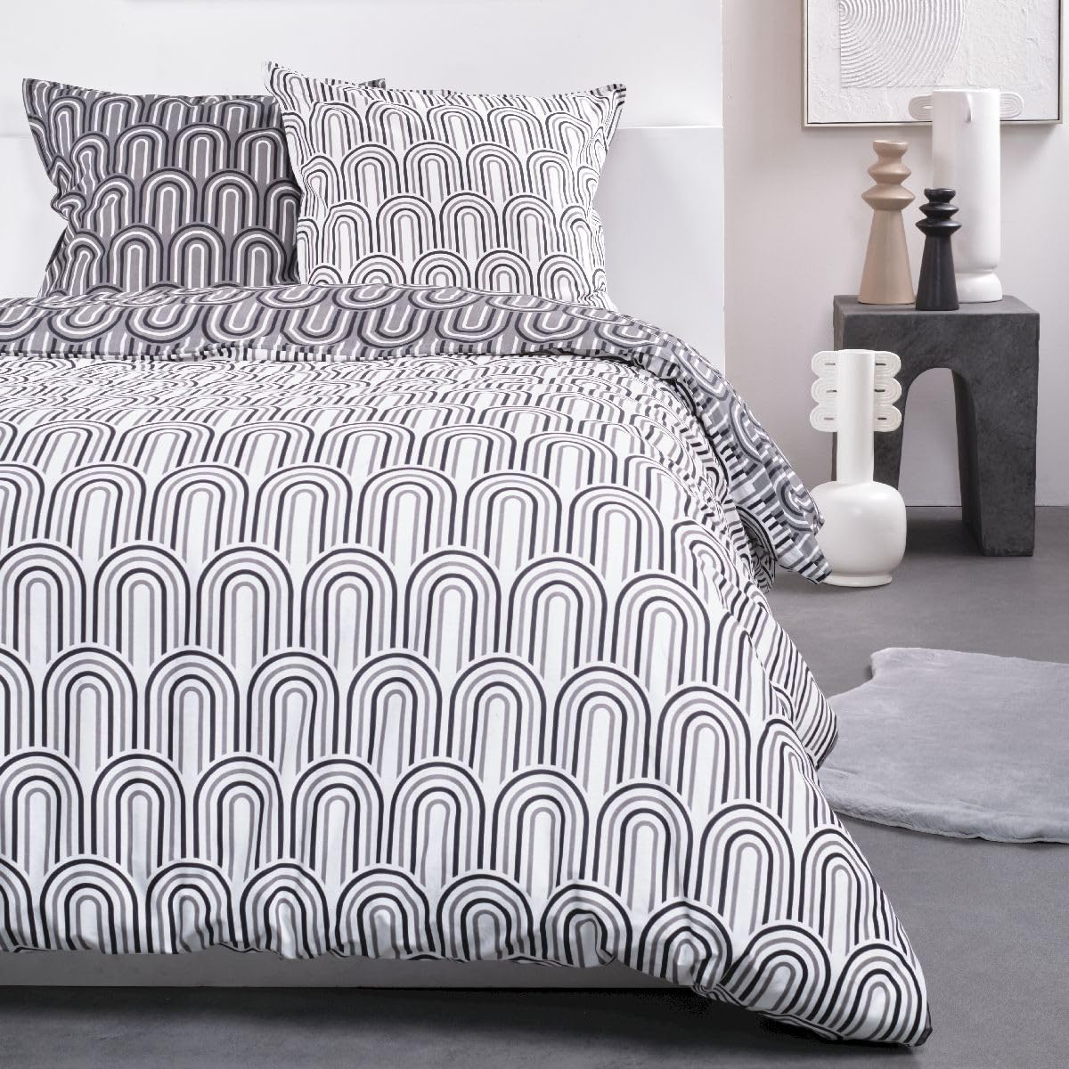 TODAY Sunshine Double Duvet Cover Set Geometric Printed Rounded Cotton - White and Grey - 220 x 240 cm, Multi-coloured, Jumeau