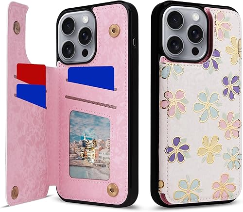 Miniatura 282 de UEEBAI Funda tipo cartera para iPhone 15 Pro Max con tarjetero, cubierta de cuero PU con soporte, bloqueo RFID, doble cierre magnético, relieve de