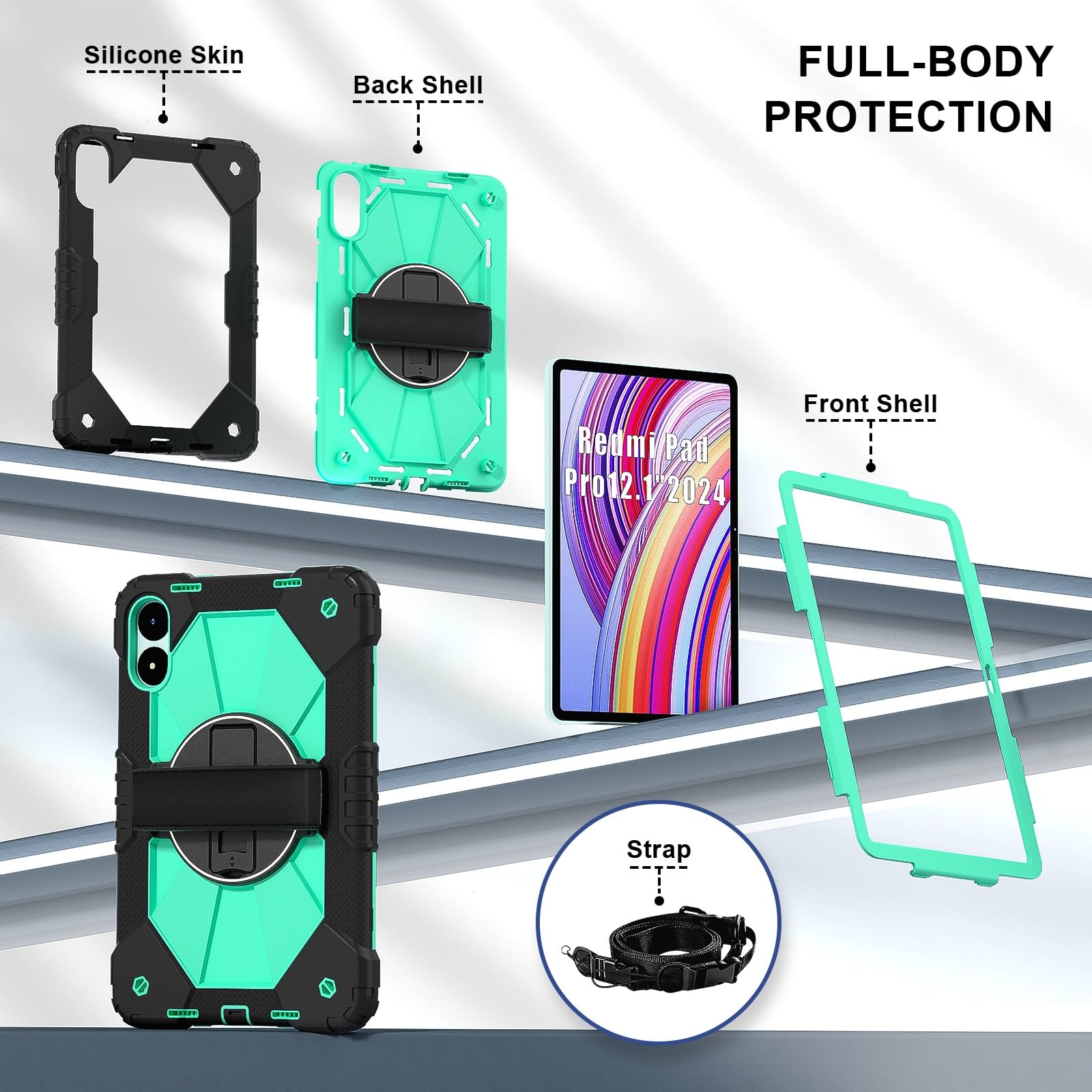 Custodia compatibile con Xiaomi Redmi Pad Pro 12.1"/Poco .1" custodia per tablet, custodia protettiva completa antiurto multifunzione girevole a 360 gradi + tracolla (Black+verde menta)