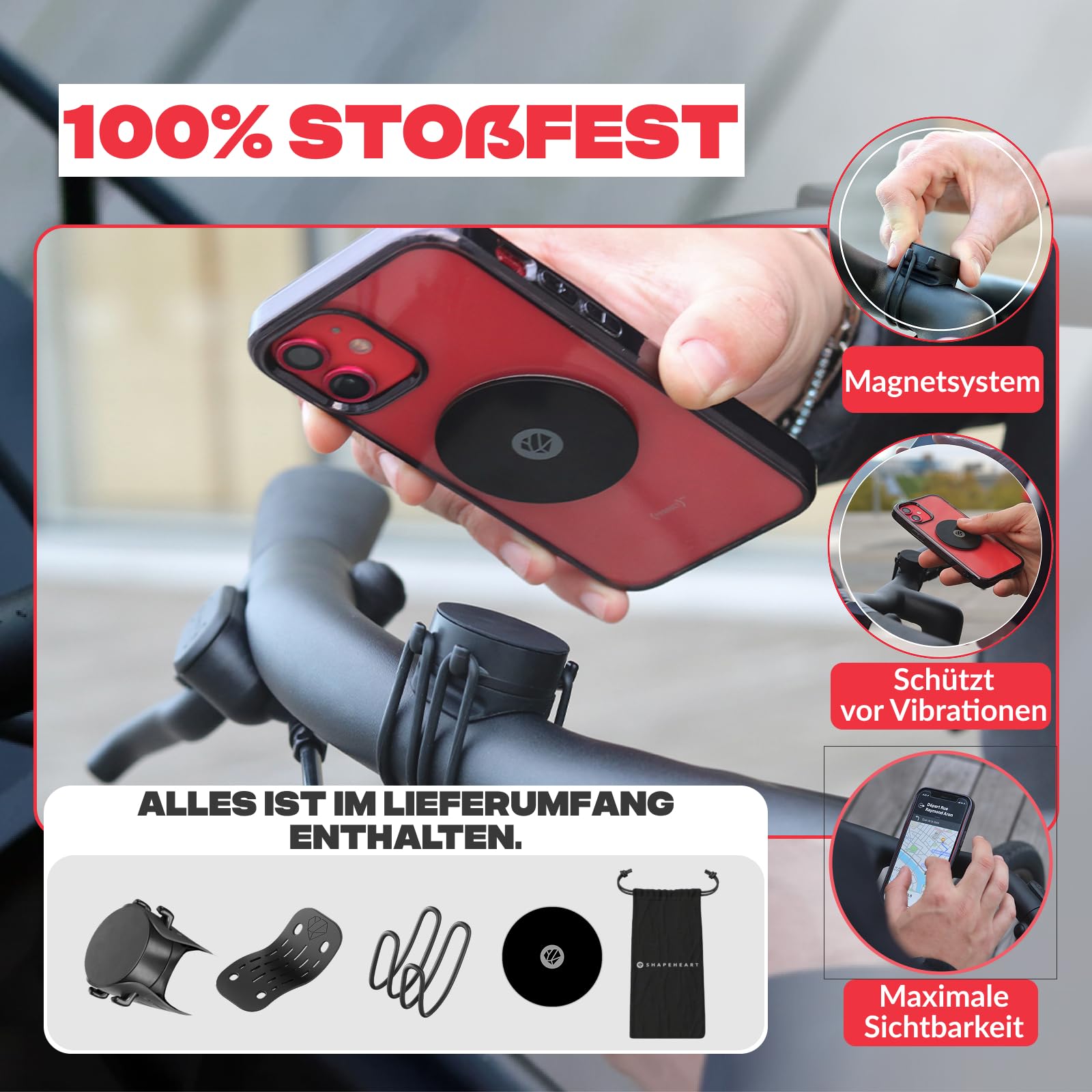 Shapeheart Magnetische Fahrrad Handyhalterung - Einhändiges Anbringen - Universelle Lenkerhalterung für MTB, Motorrad, E-Scooter - Inklusive Metallplatte - Stabiler und Schneller Halt | Für glatte Handyhüllen | Lenker & Vorbau 20–50 mm | 1-Hand-Bedienung