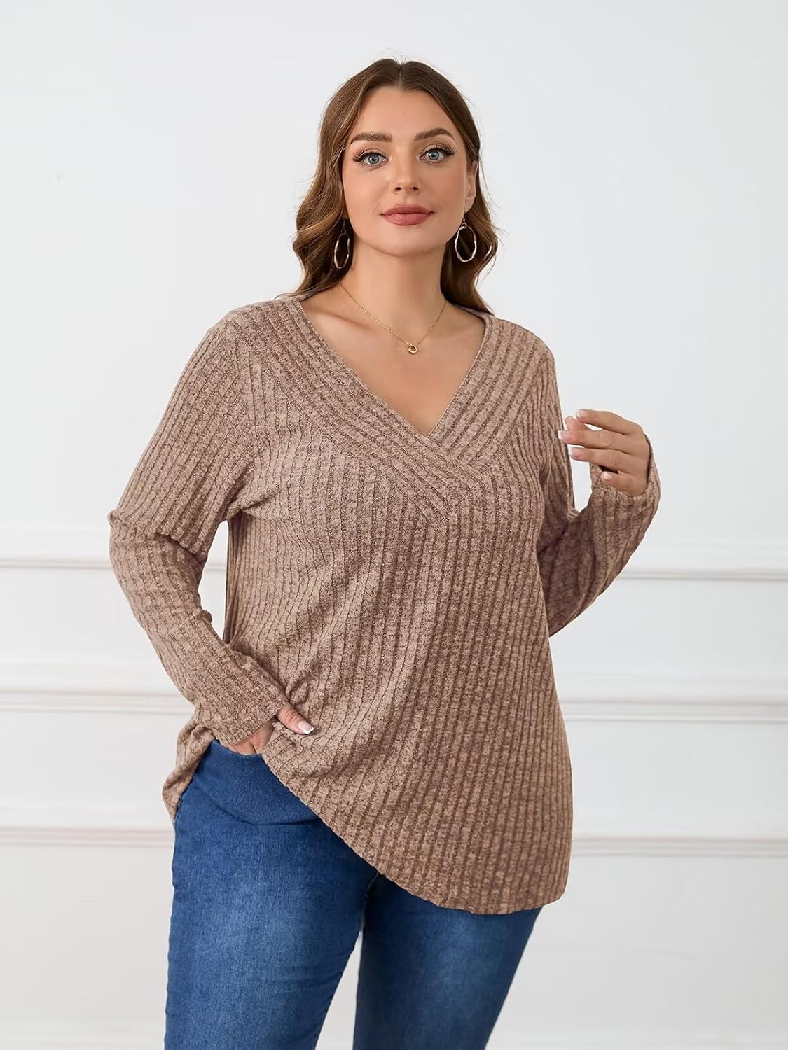 BELAROI Plus Size Tops for Women Fall Casual Tunic Shirts Lightweight V Neck Pullover Long Sleeve Blouse - Image 5