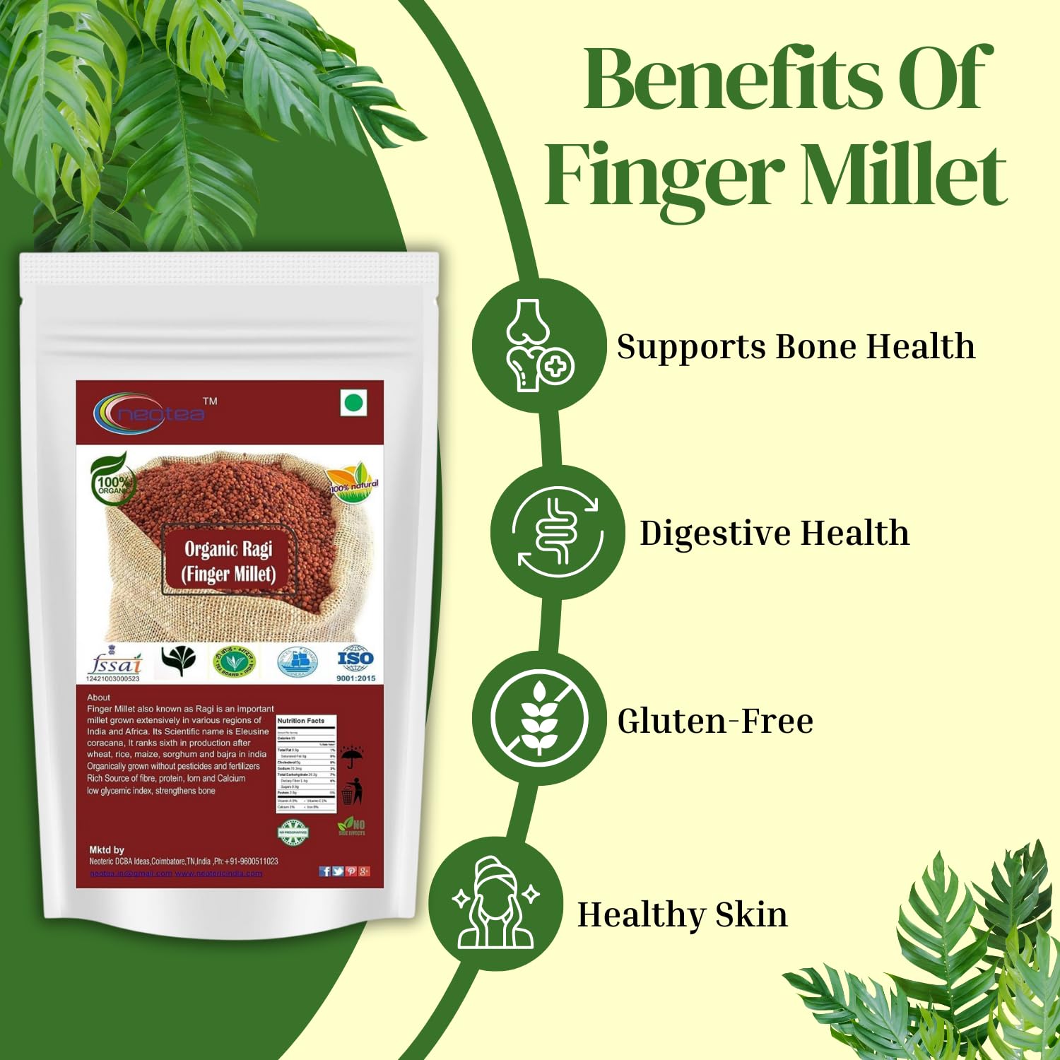 Neotea Organic Indian Finger Millet 500 GM (17.63 OZ) | Whole Grain Ragi Kelvaragu Nachni Ragulu Aariyam | Gluten-Free | Unpolished Red Millet | Hulled | Whole Grain Superfood
