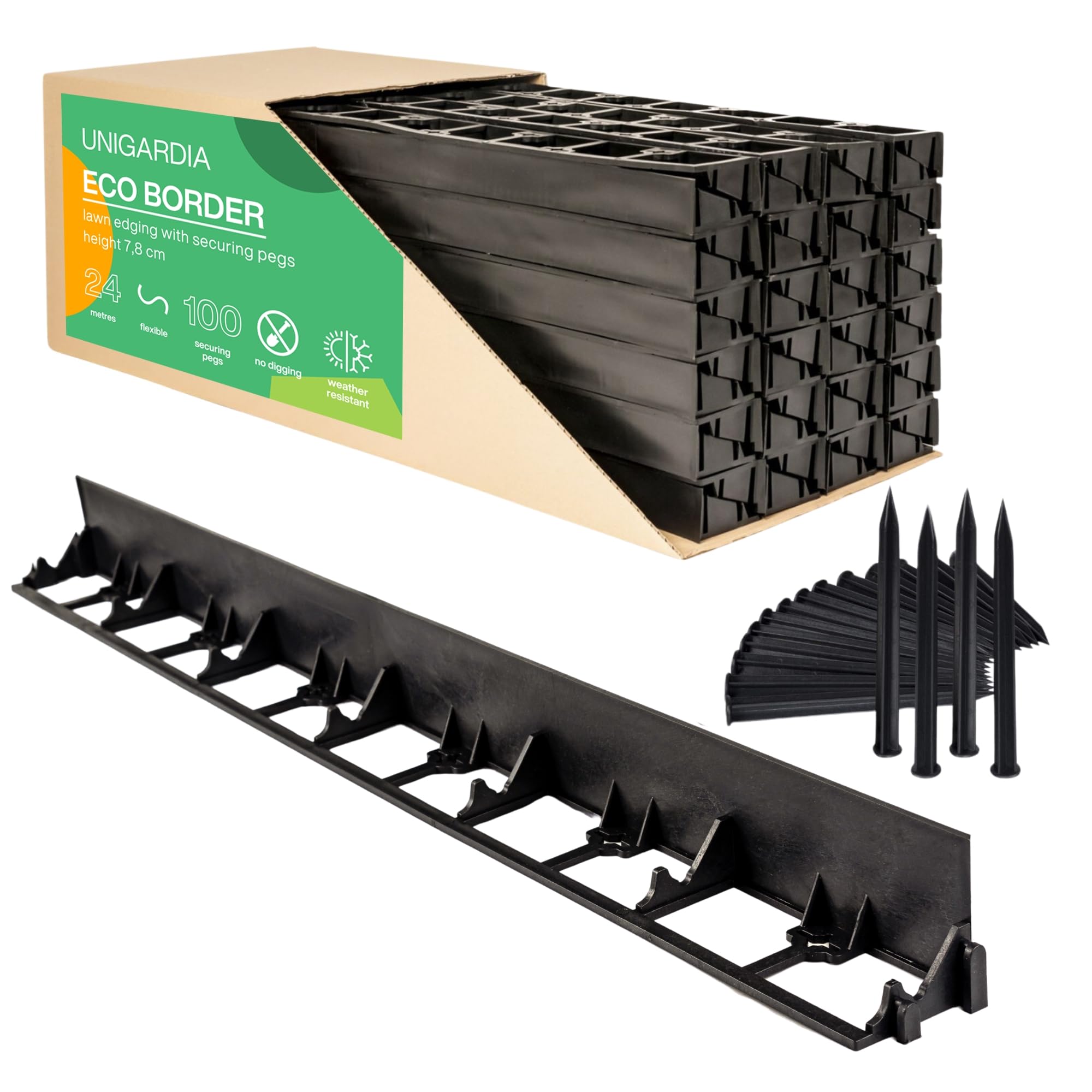Bordure de Jardin en Plastique 24 mètres avec 100 Piquets d'ancrage - Bordurette de Pelouse Flexible, Utilisation Facile - 24 Bordures de Gazon (Largeur 1 m, Hauteur 78 mm)