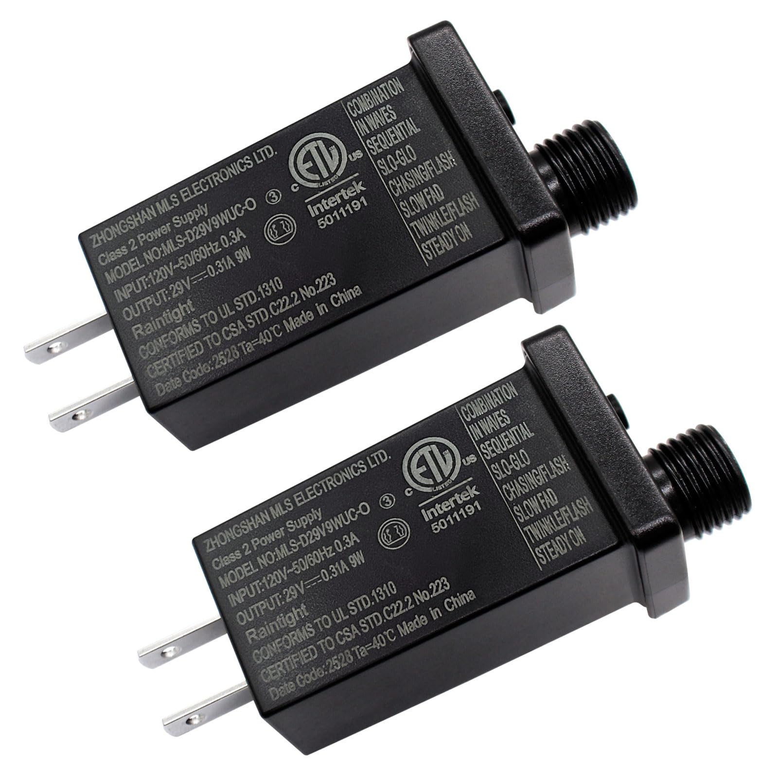 29V LED Transformer Class Two LED Power Supply, Waterproof IP44 Low Voltage Seasonal Use LED Driver US CA Plug for Christmas String Light (29V/9W 2Pack)
