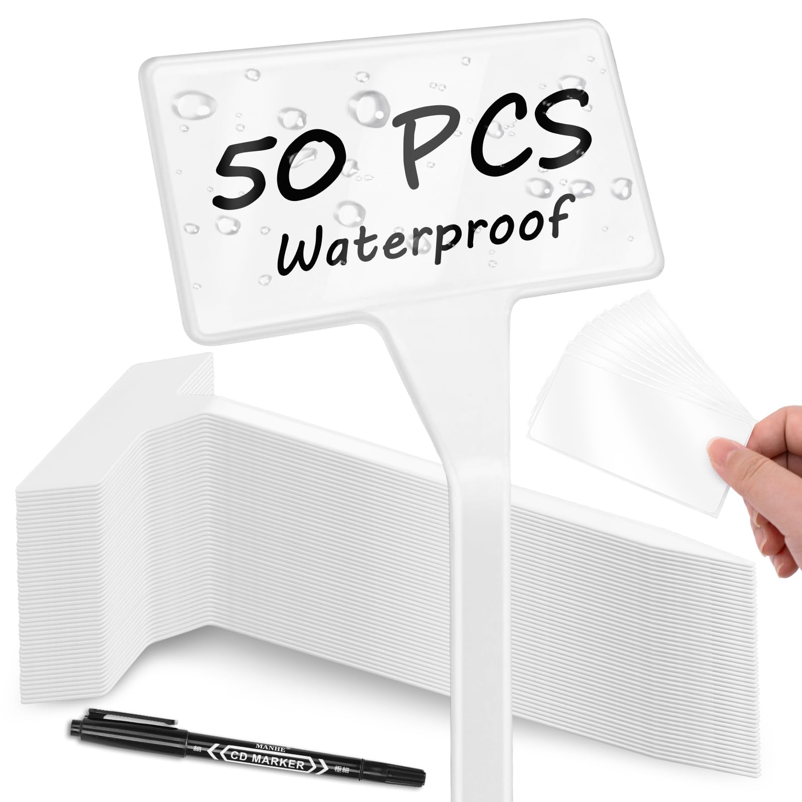 KINGLAKE 50Pcs Tall Plastic Plant Labels with Pen and Waterproof Film for Outdoor Plants, Large White Curved T-Type Plant Markers Garden Name Tags for Herbs Vegetables Seedling Flowers, 30x9x4.7cm