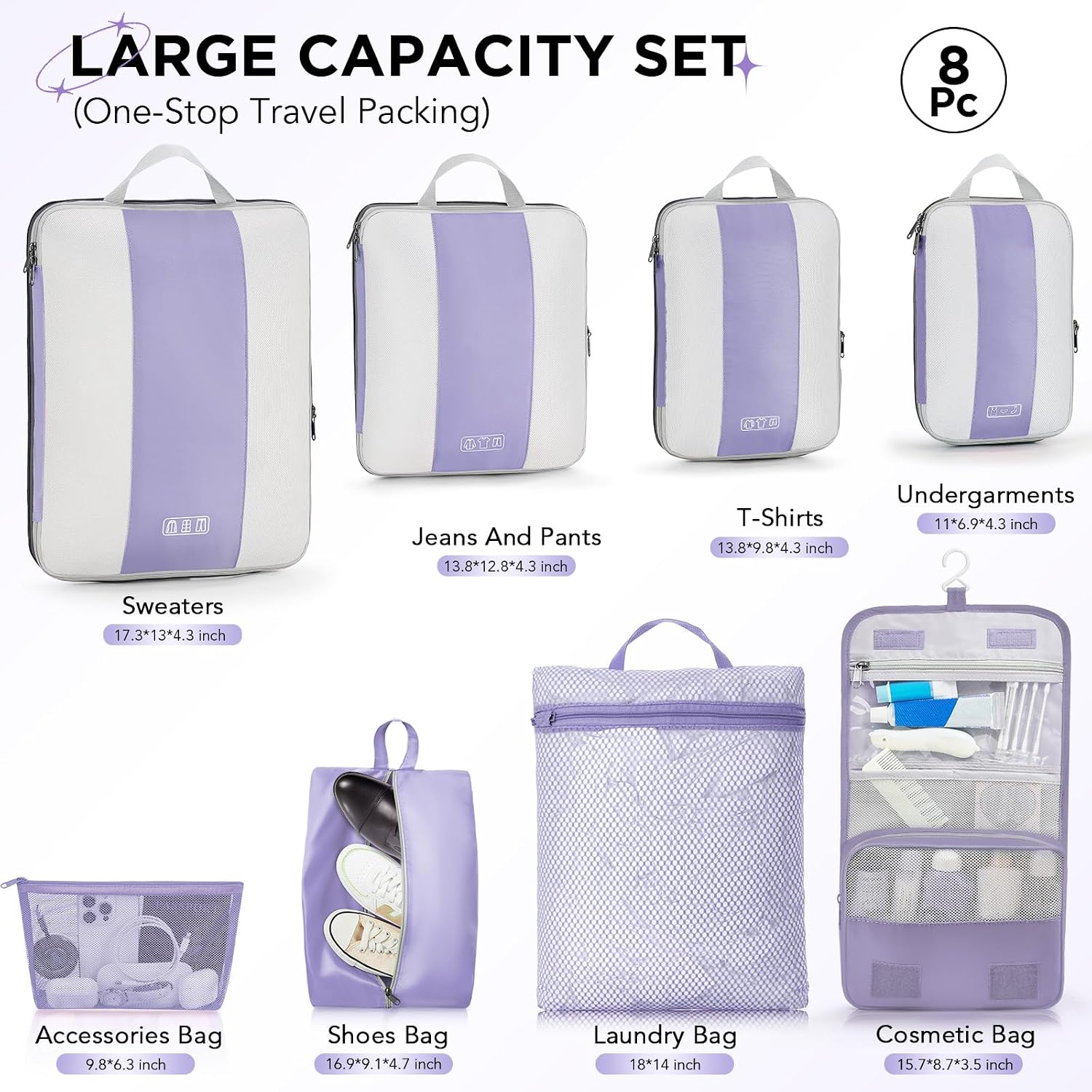  8 Set Compression Packing Cubes for Travel Essentials,Compressible Expandable Space Saver Bags for Organizing Clothes,Luggage Suitcase Garment Bags with Over 1000 pcs Mesh Holes(Purple Gray) thumbnail