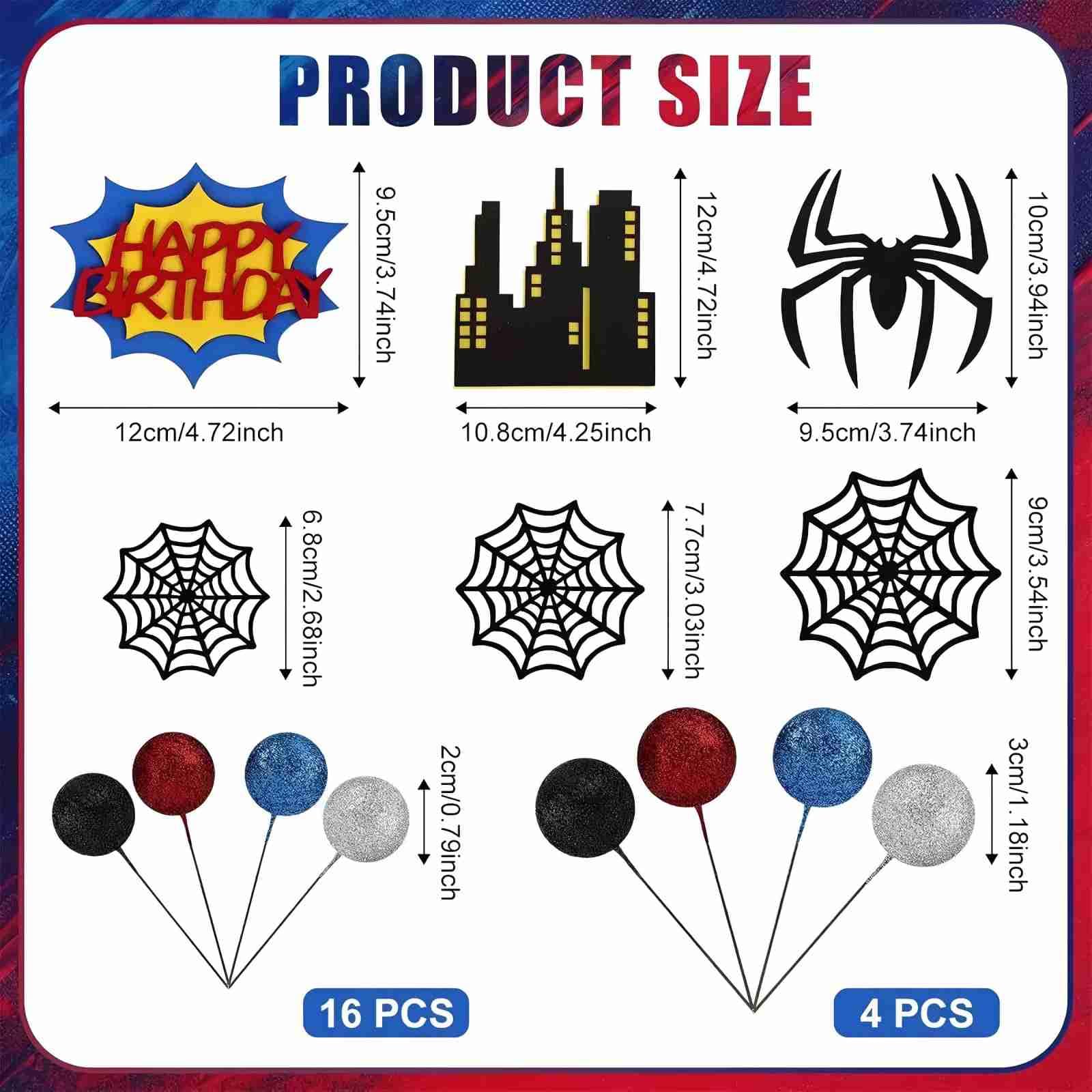 28pcs Spider Red Blue Black Balls and Happy Birthday Cake Topper for Spider Theme Boys Men Birthday Party Baby Shower Supplies Decoration