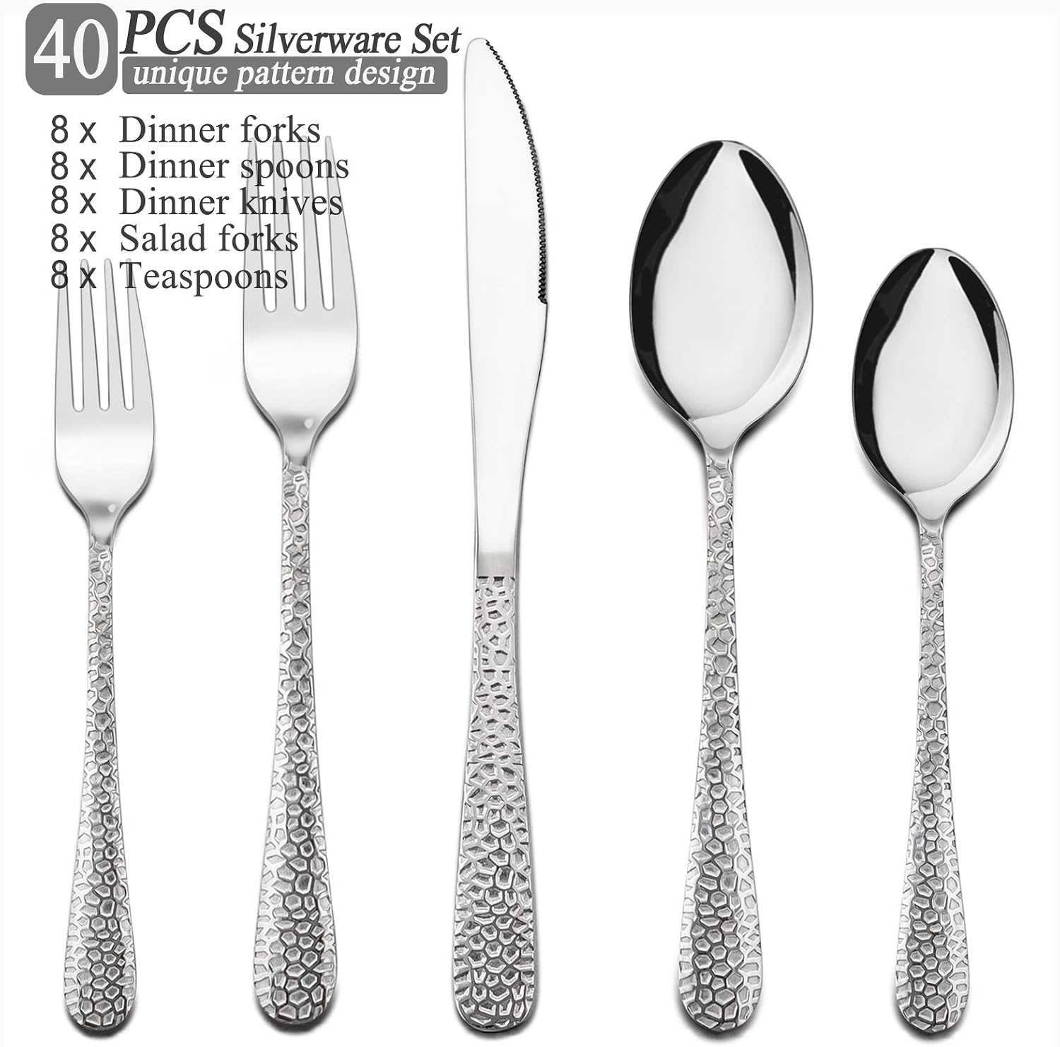Hammered Silverware Set for 8, HaWare 40-Piece Stainless Steel Flatware Cutlery Eating Utensils, Classic Unique Pattern, Mirror Polished & Dishwasher Safe